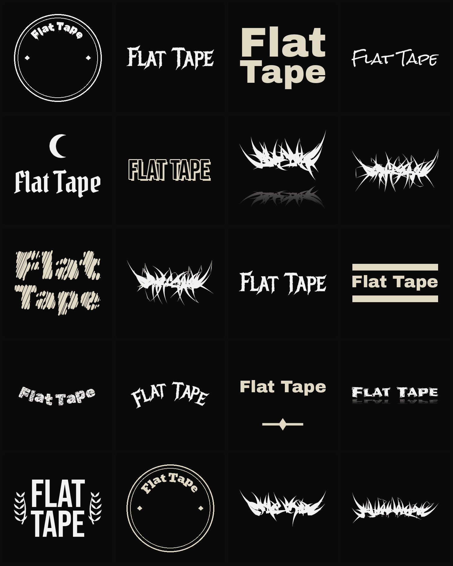 Twenty Flat Tape band logo ideas — different faces, treatments and spike settings