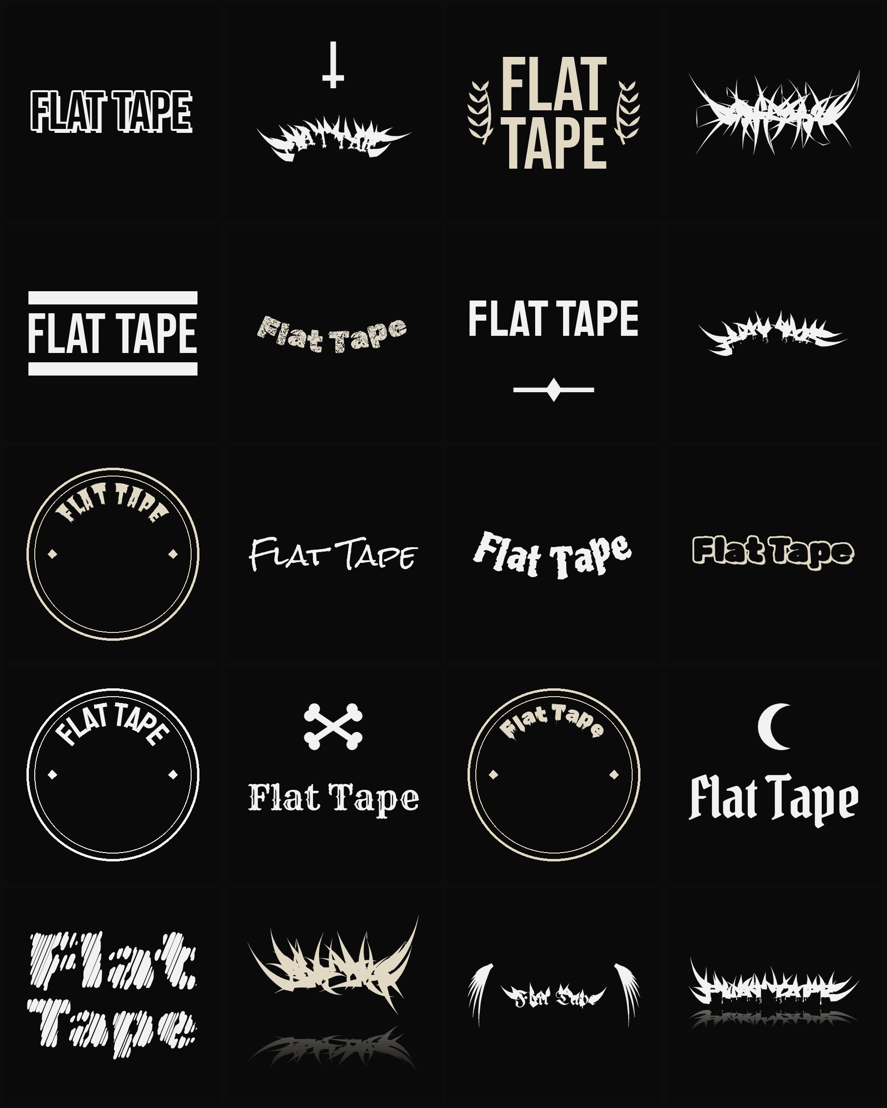 Twenty Flat Tape band logo ideas — different faces, treatments and spike settings