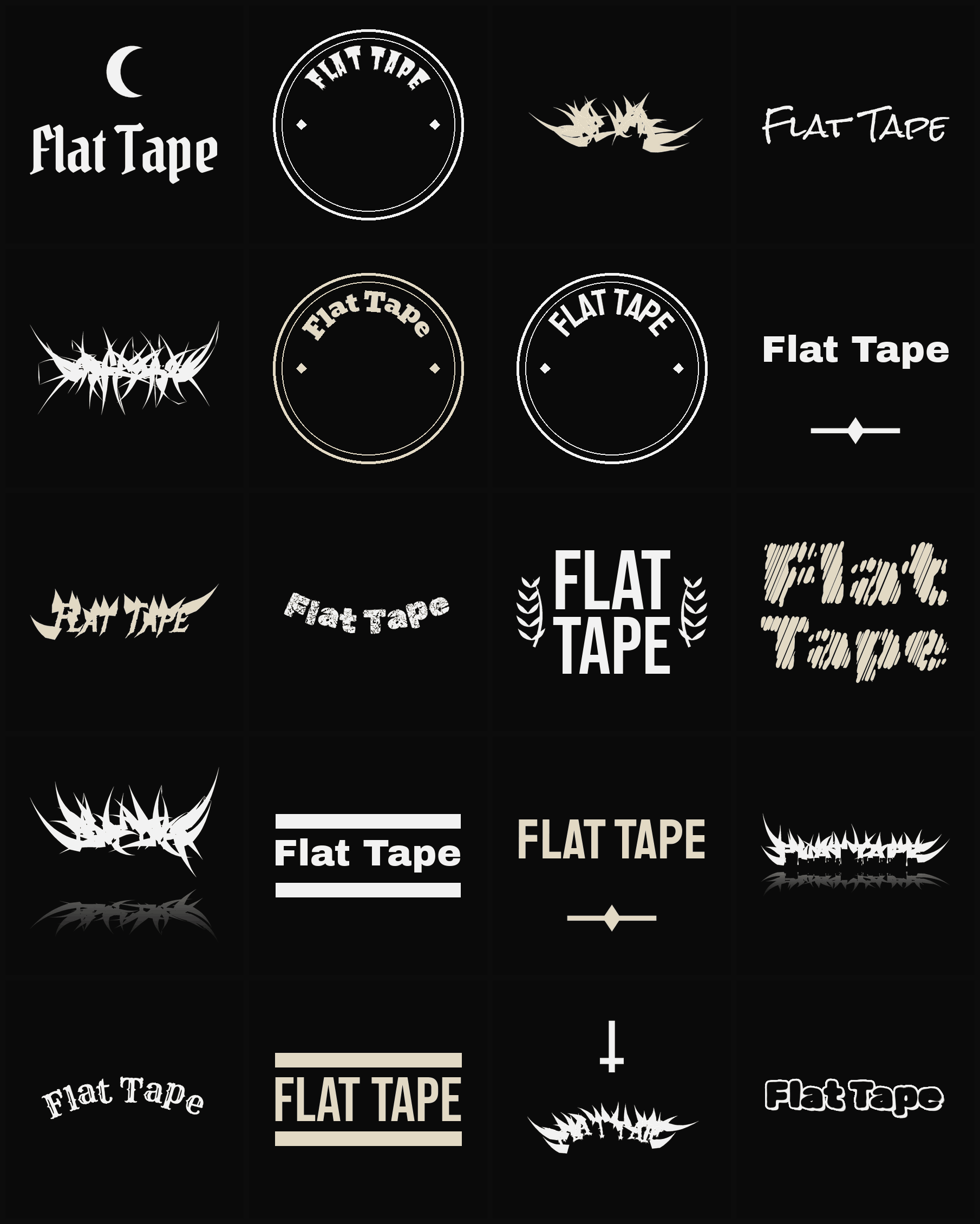 Twenty Flat Tape band logo ideas — different faces, treatments and spike settings