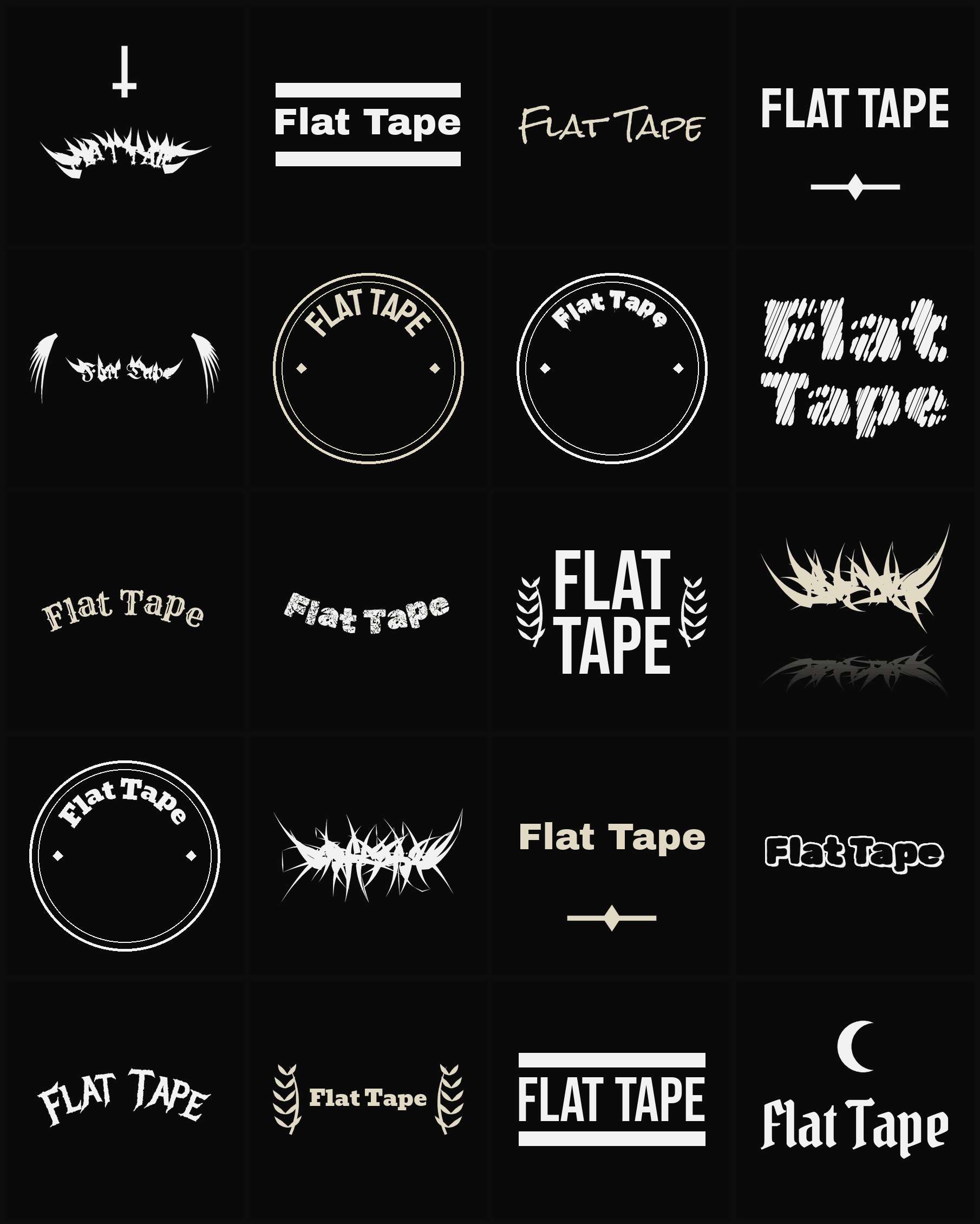 Twenty Flat Tape band logo ideas — different faces, treatments and spike settings