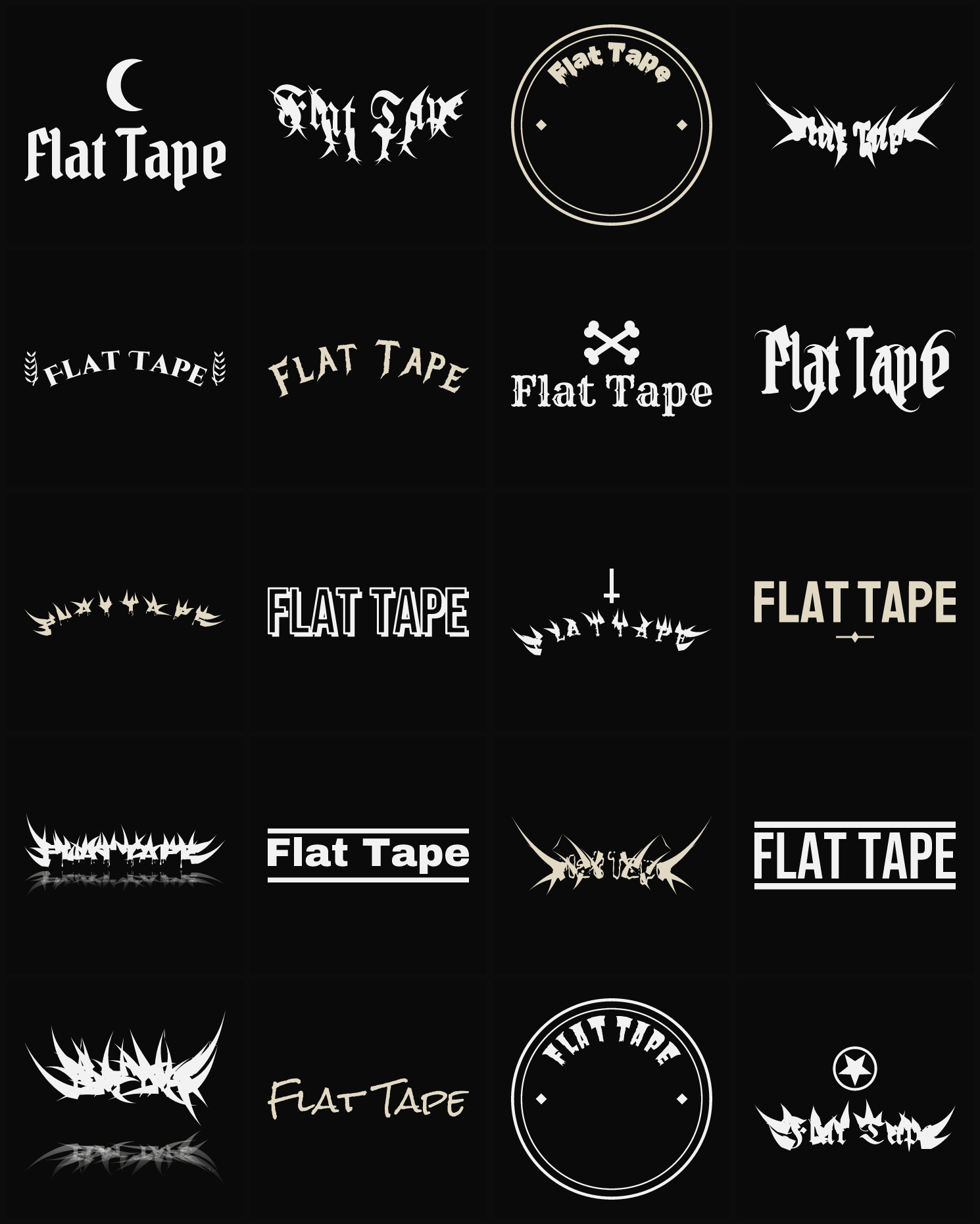 Twenty Flat Tape band logo ideas — different faces, treatments and spike settings