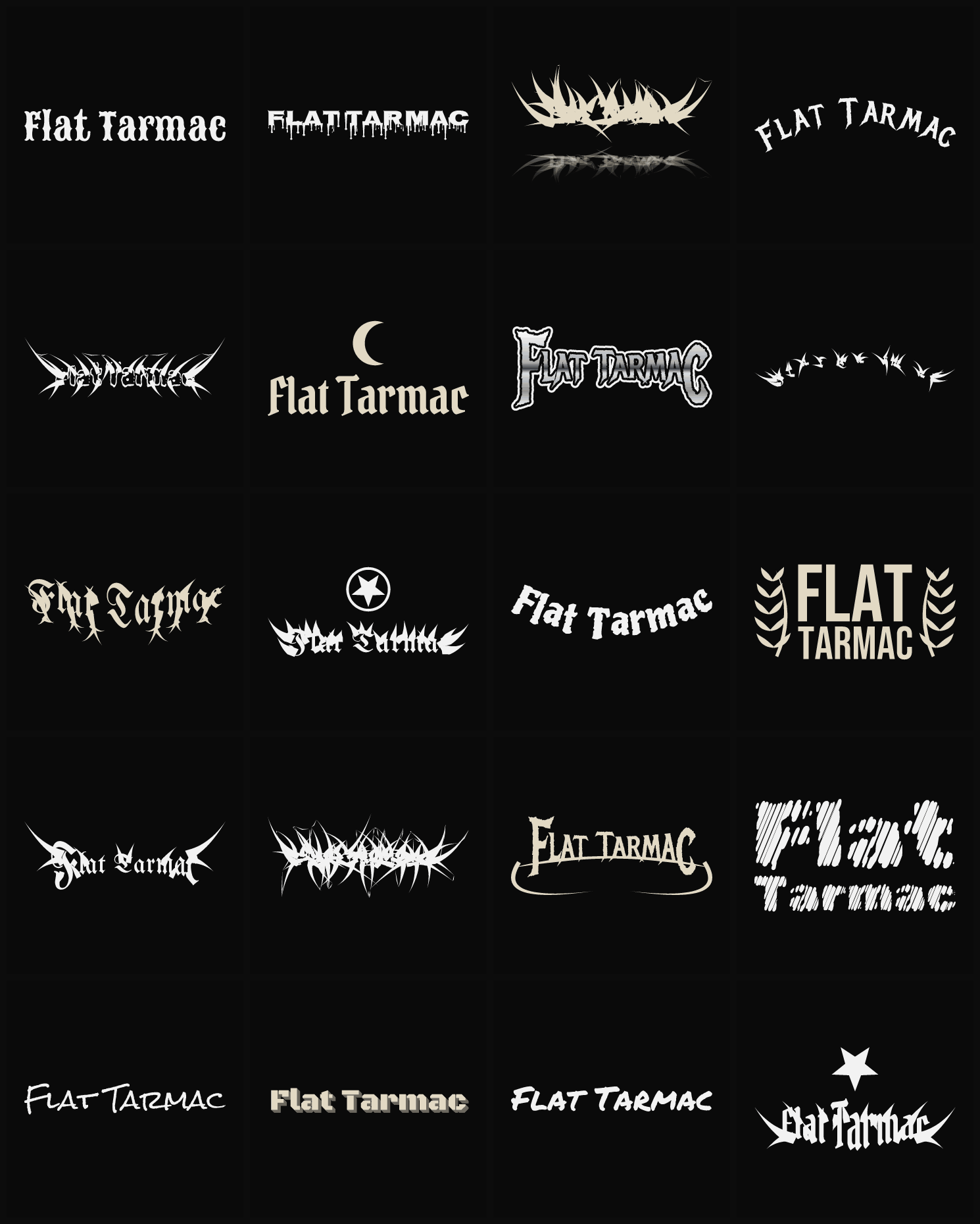 Twenty Flat Tarmac band logo ideas — different faces, treatments and spike settings