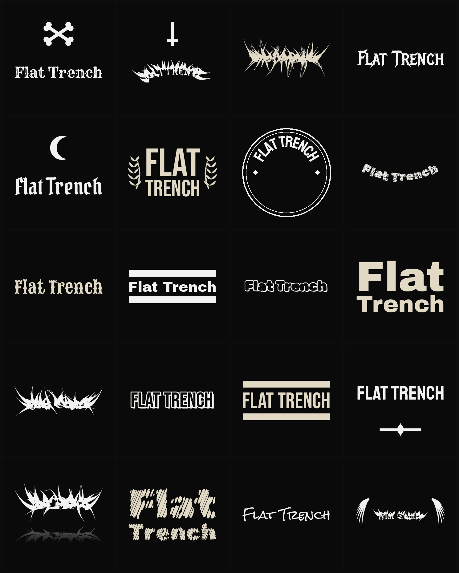 Twenty Flat Trench band logo ideas — different faces, treatments and spike settings