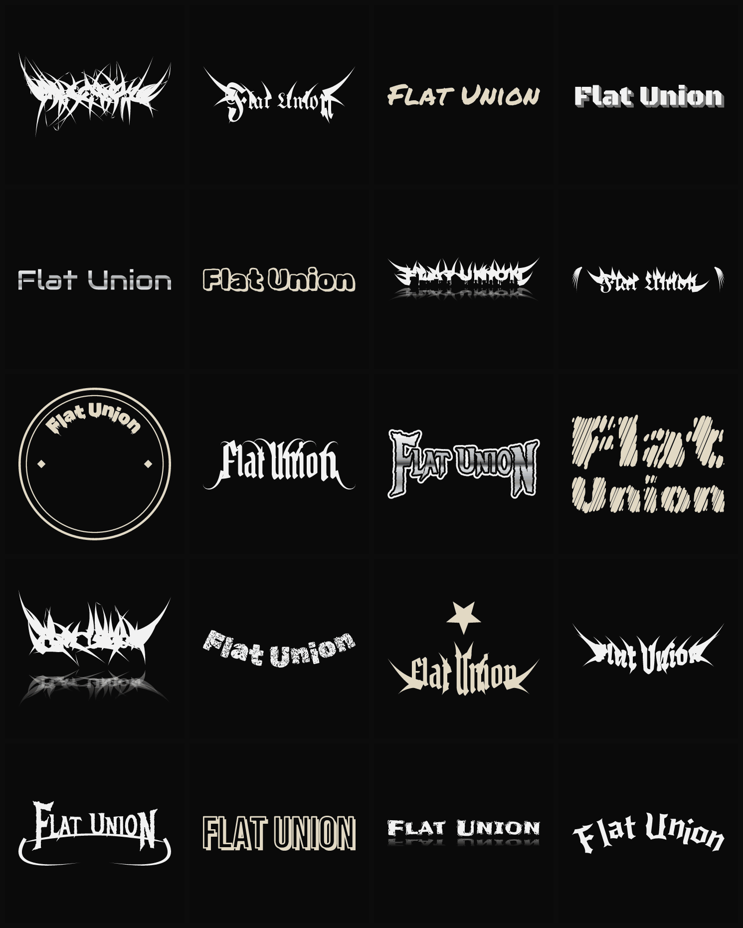 Twenty Flat Union band logo ideas — different faces, treatments and spike settings