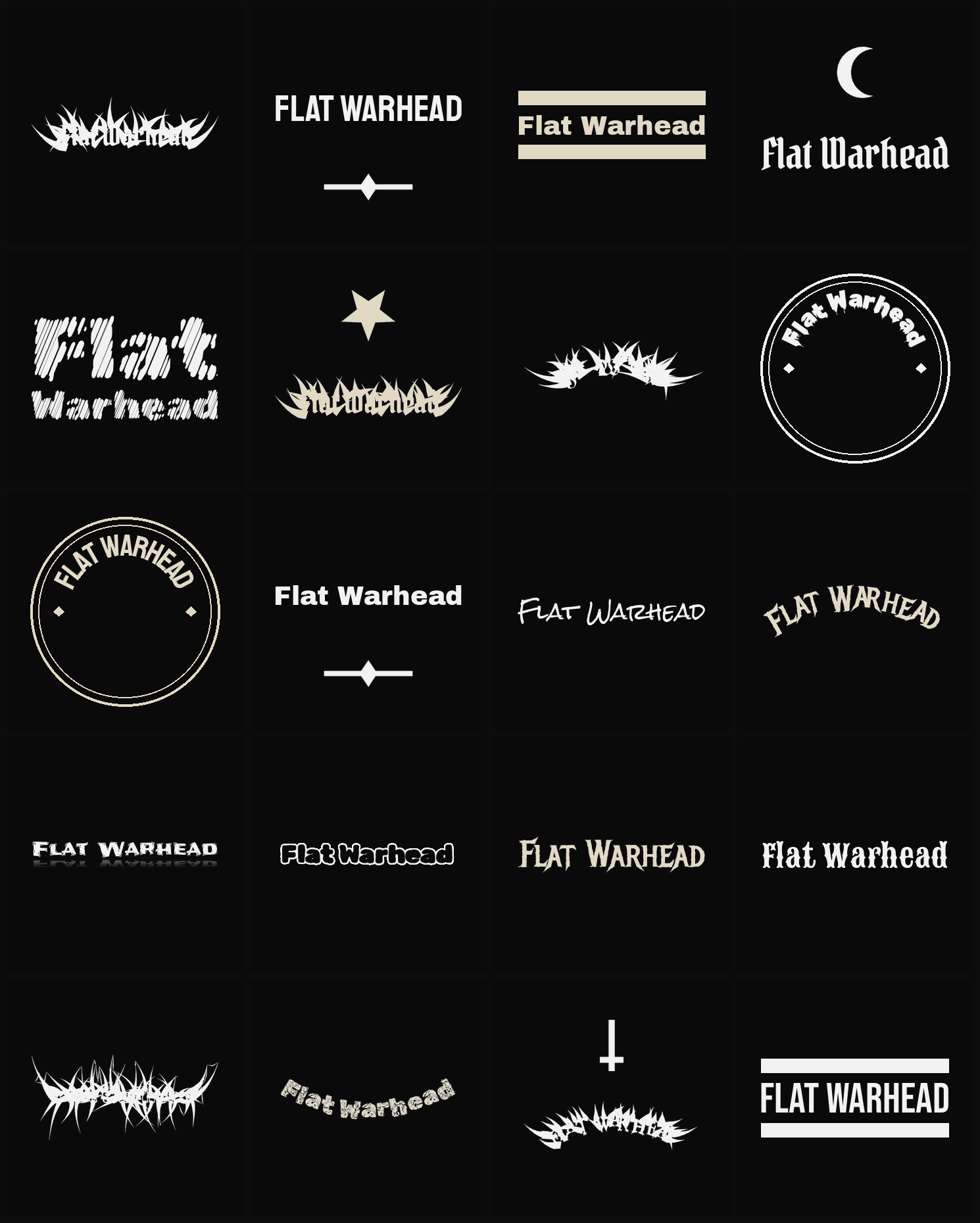 Twenty Flat Warhead band logo ideas — different faces, treatments and spike settings