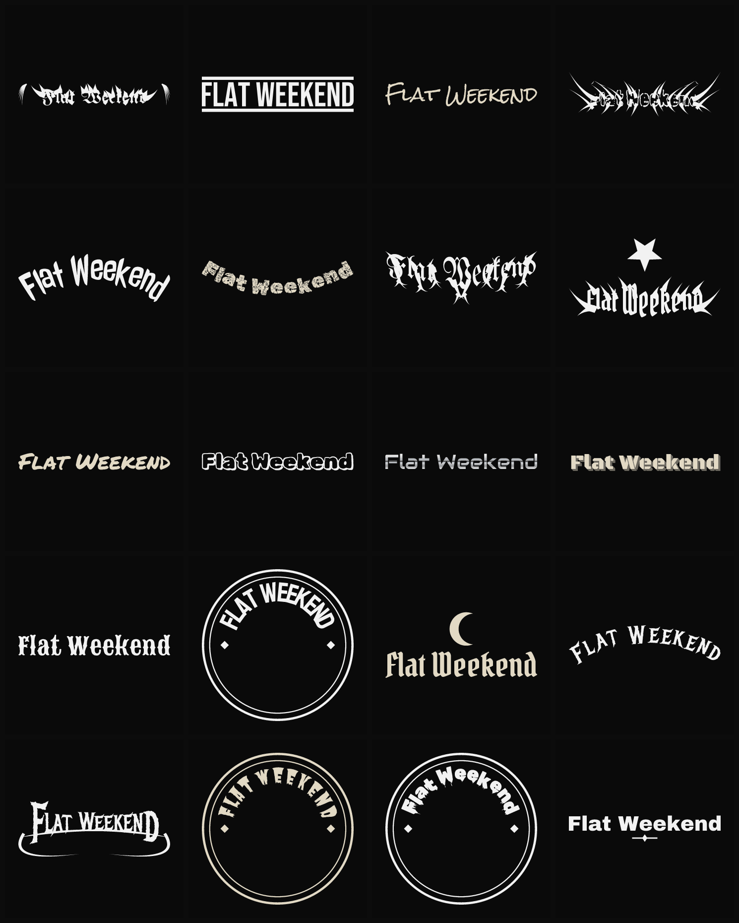 Twenty Flat Weekend band logo ideas — different faces, treatments and spike settings