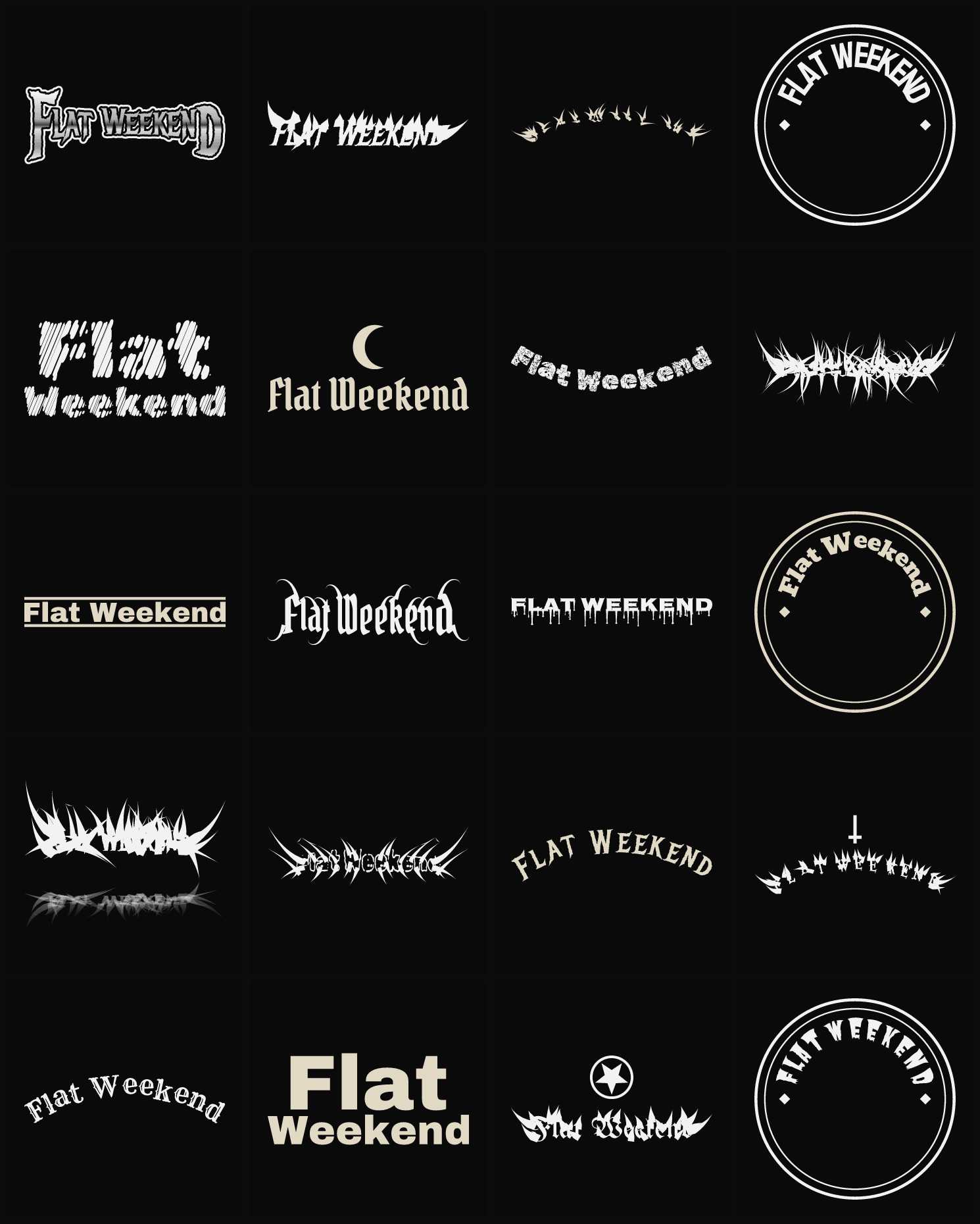 Twenty Flat Weekend band logo ideas — different faces, treatments and spike settings
