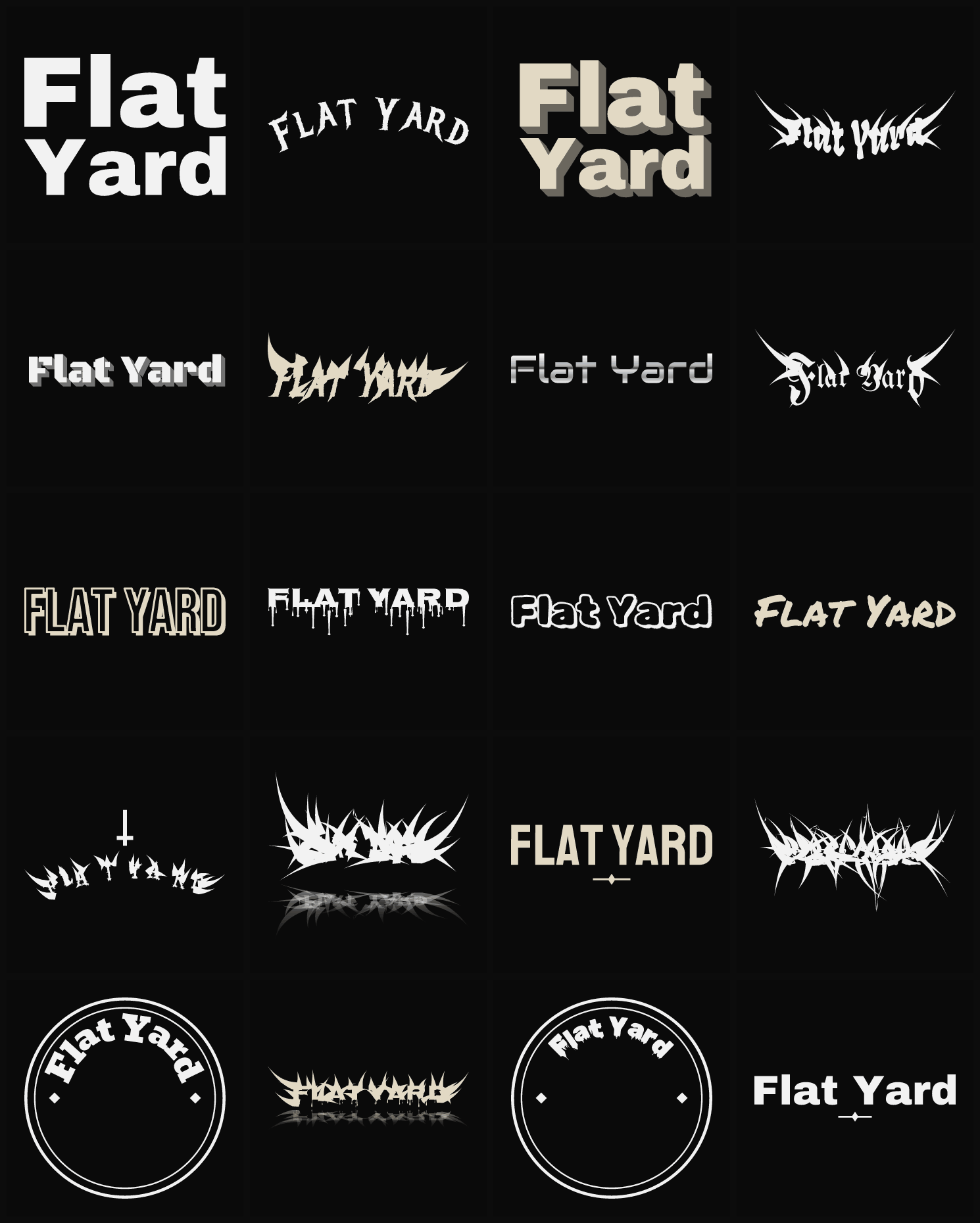 Twenty Flat Yard band logo ideas — different faces, treatments and spike settings