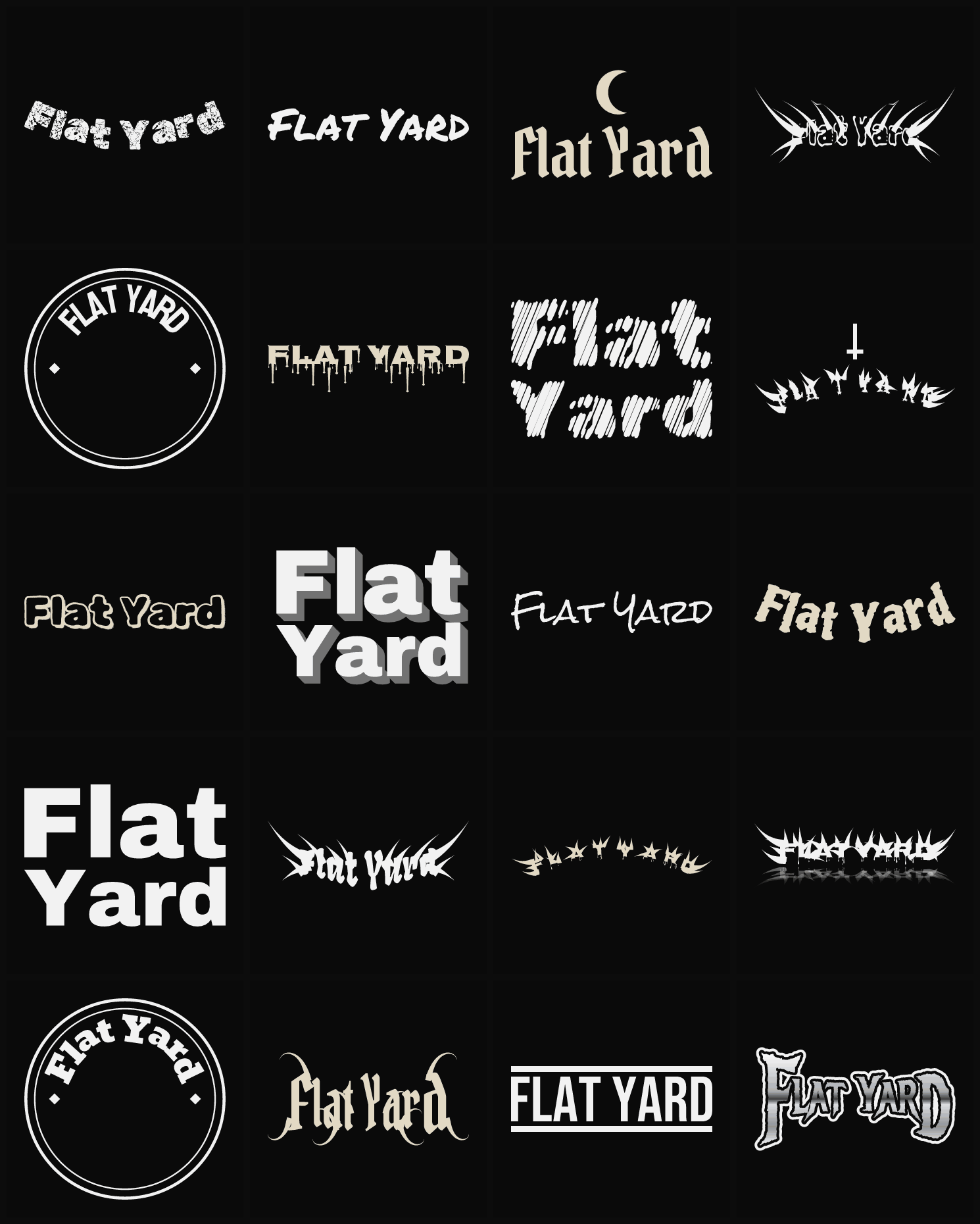 Twenty Flat Yard band logo ideas — different faces, treatments and spike settings