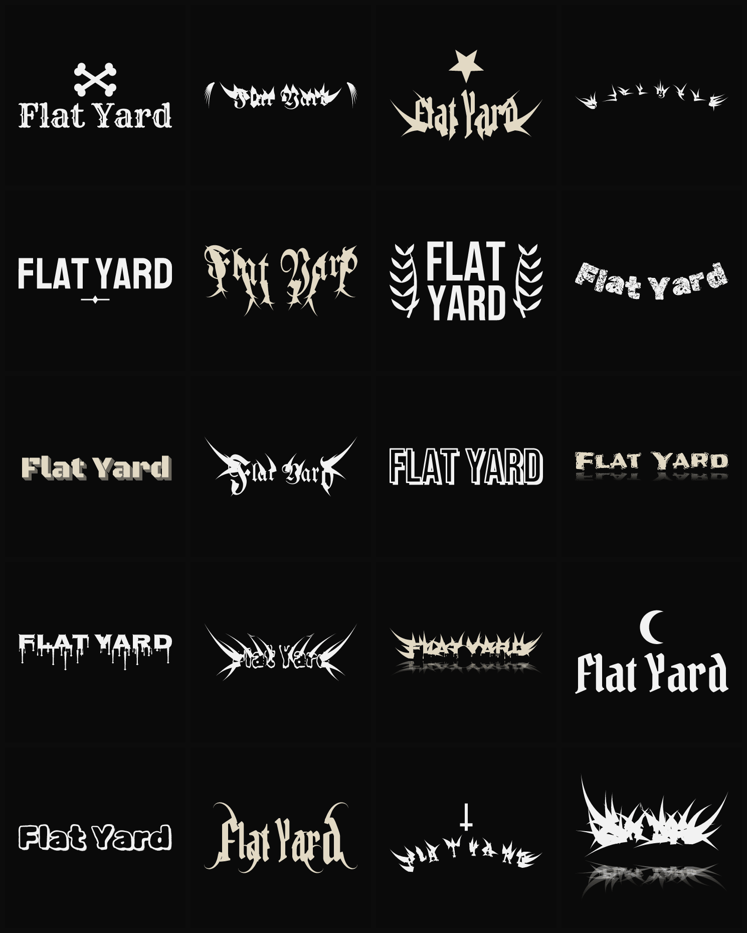 Twenty Flat Yard band logo ideas — different faces, treatments and spike settings