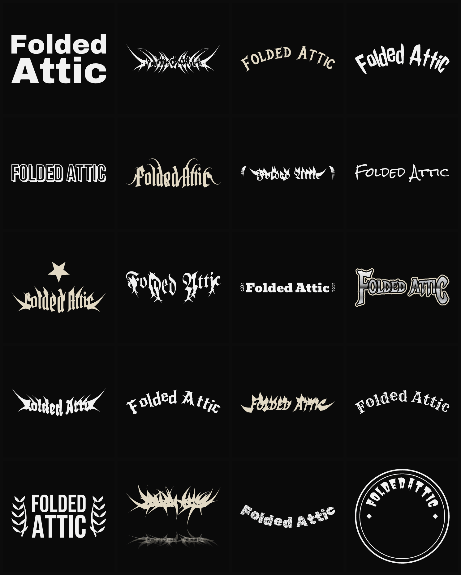 Twenty Folded Attic band logo ideas — different faces, treatments and spike settings