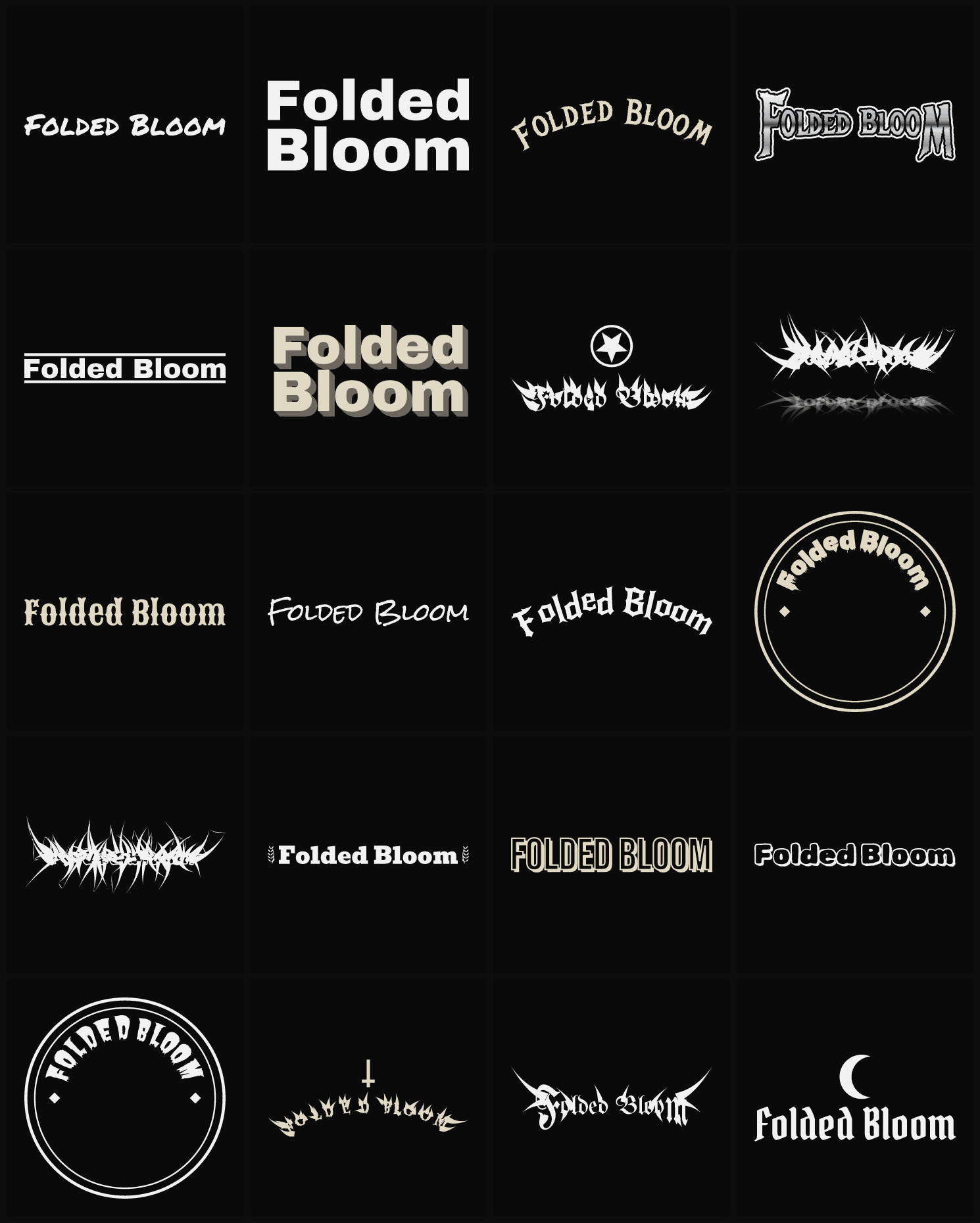 Twenty Folded Bloom band logo ideas — different faces, treatments and spike settings