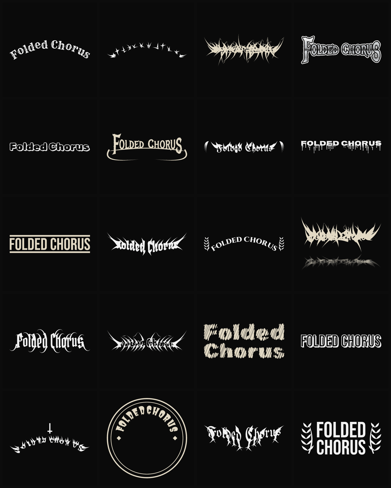 Twenty Folded Chorus band logo ideas — different faces, treatments and spike settings
