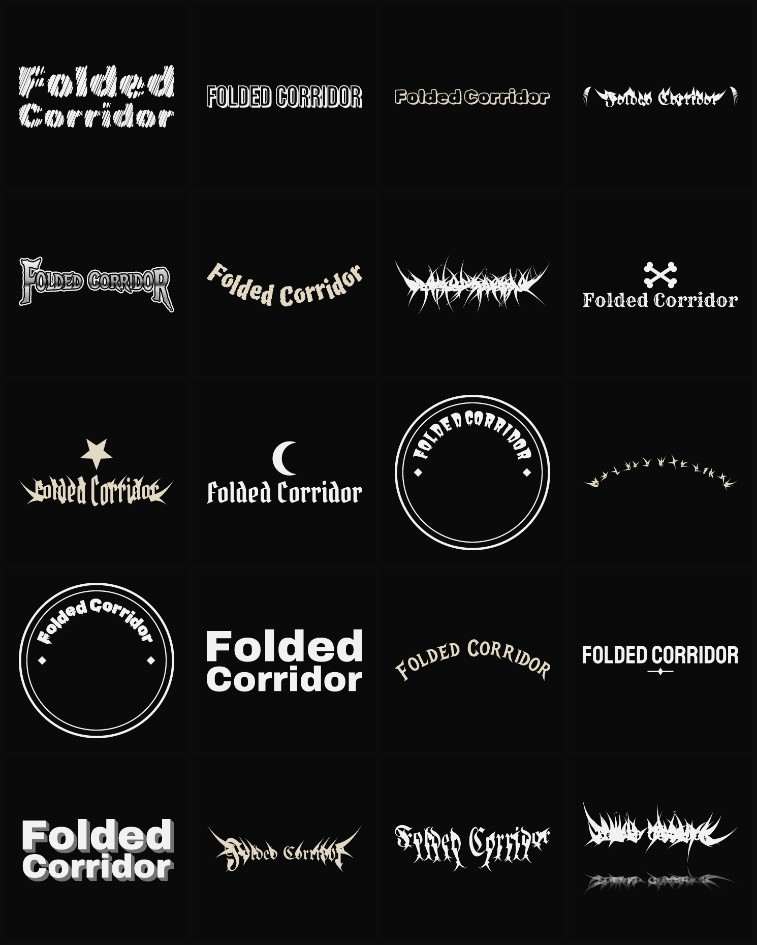 Twenty Folded Corridor band logo ideas — different faces, treatments and spike settings
