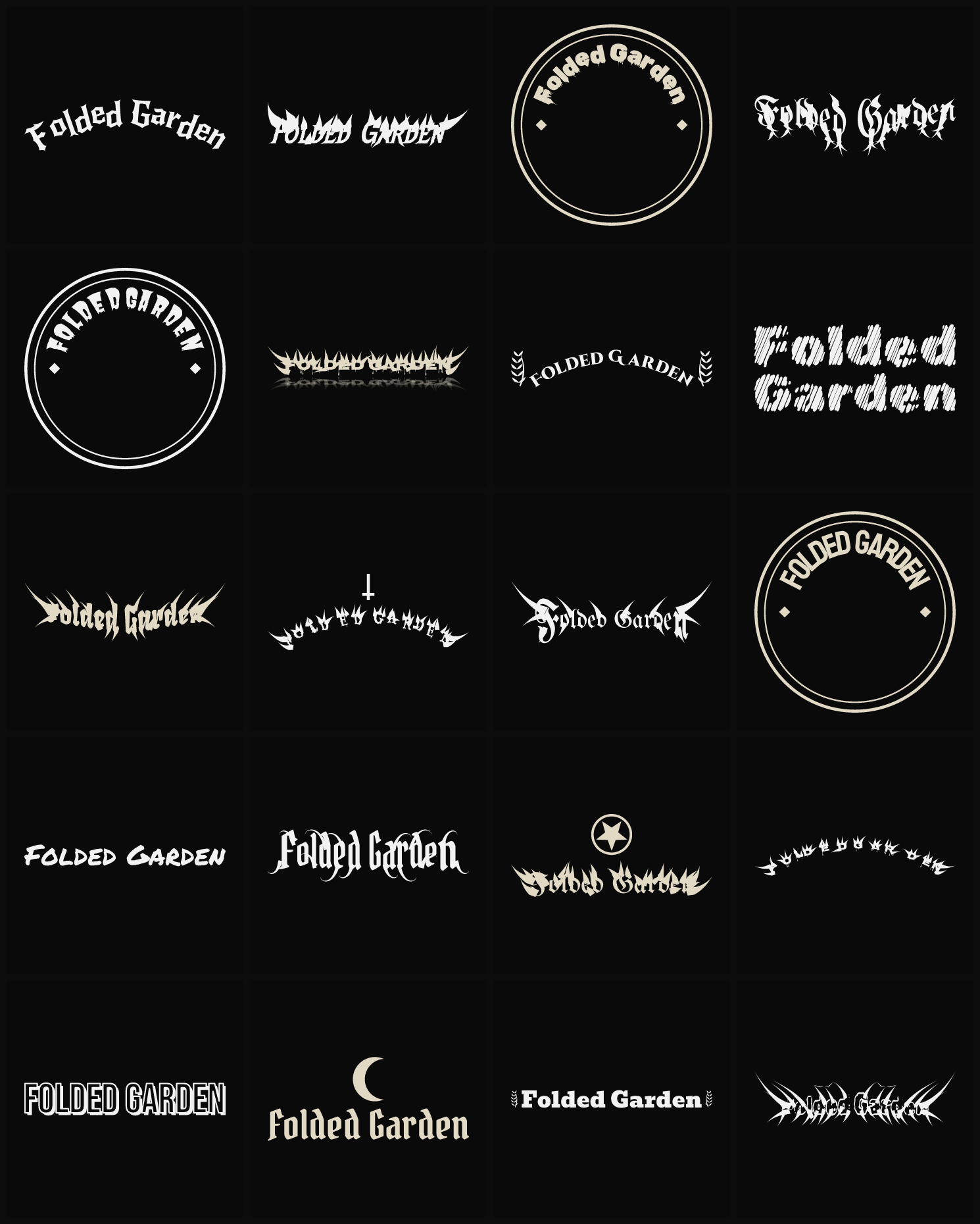 Twenty Folded Garden band logo ideas — different faces, treatments and spike settings