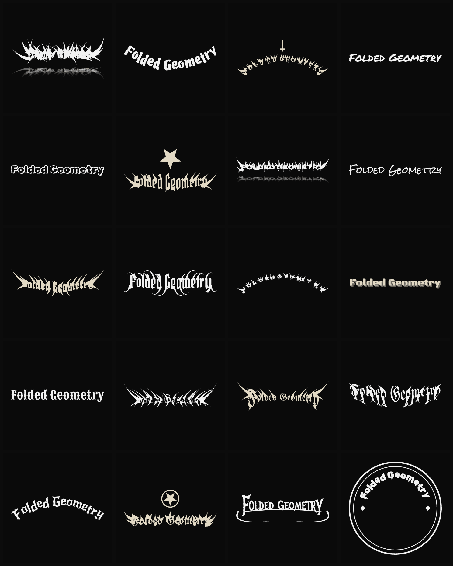 Twenty Folded Geometry band logo ideas — different faces, treatments and spike settings