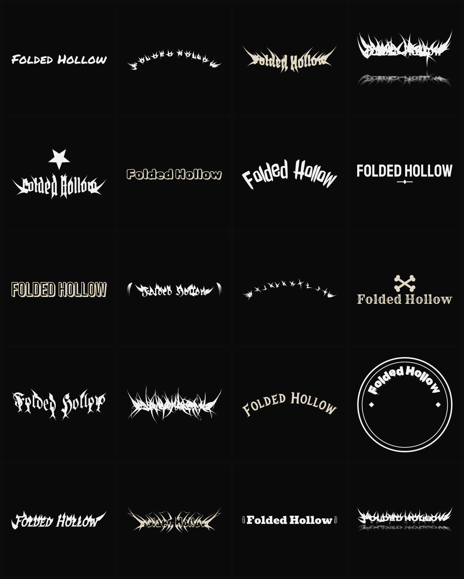 Twenty Folded Hollow band logo ideas — different faces, treatments and spike settings