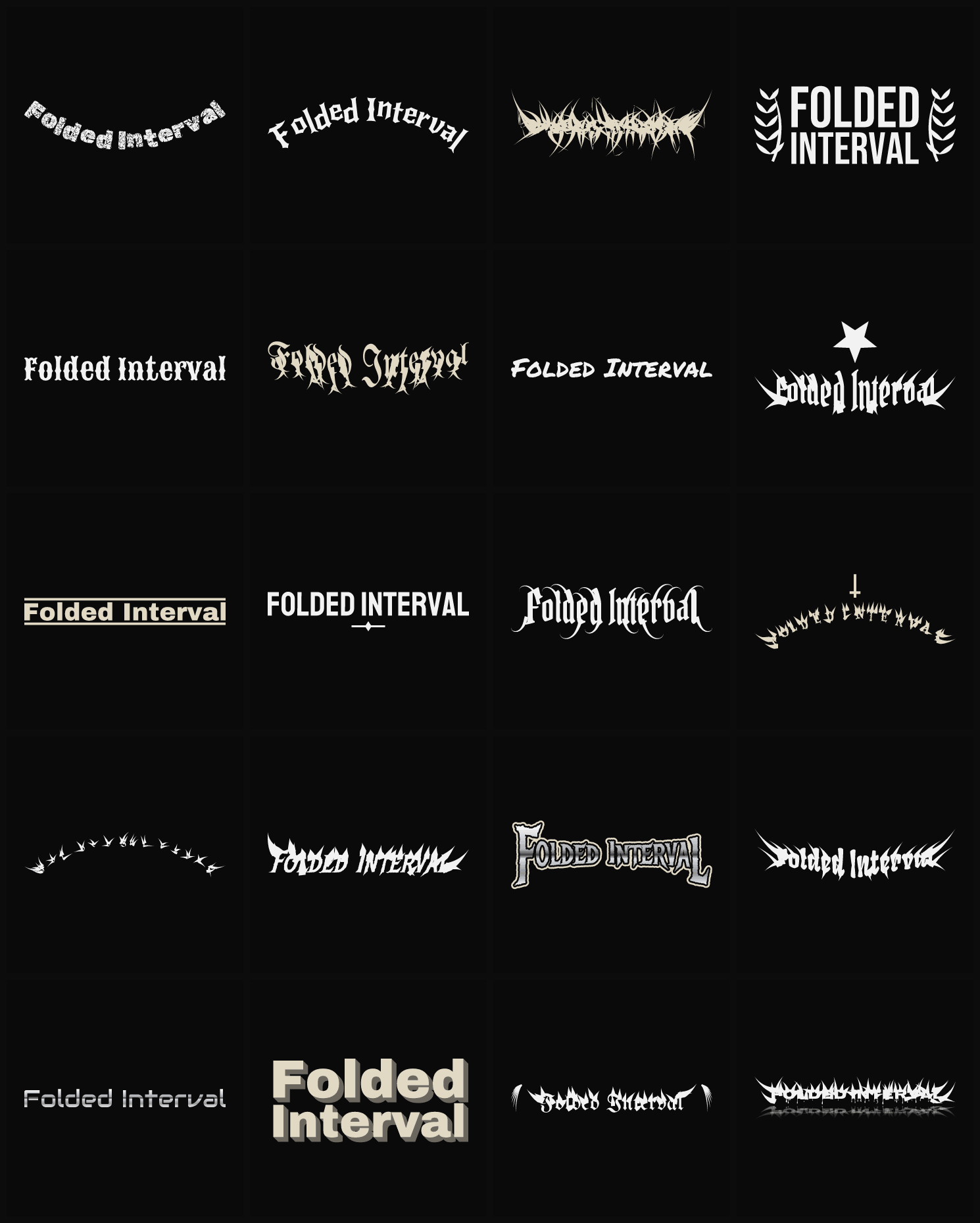 Twenty Folded Interval band logo ideas — different faces, treatments and spike settings
