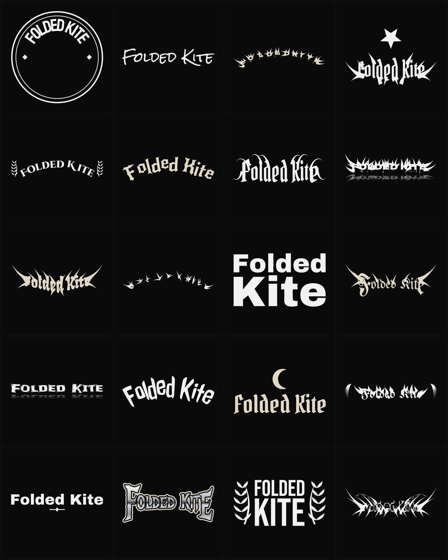 Twenty Folded Kite band logo ideas — different faces, treatments and spike settings