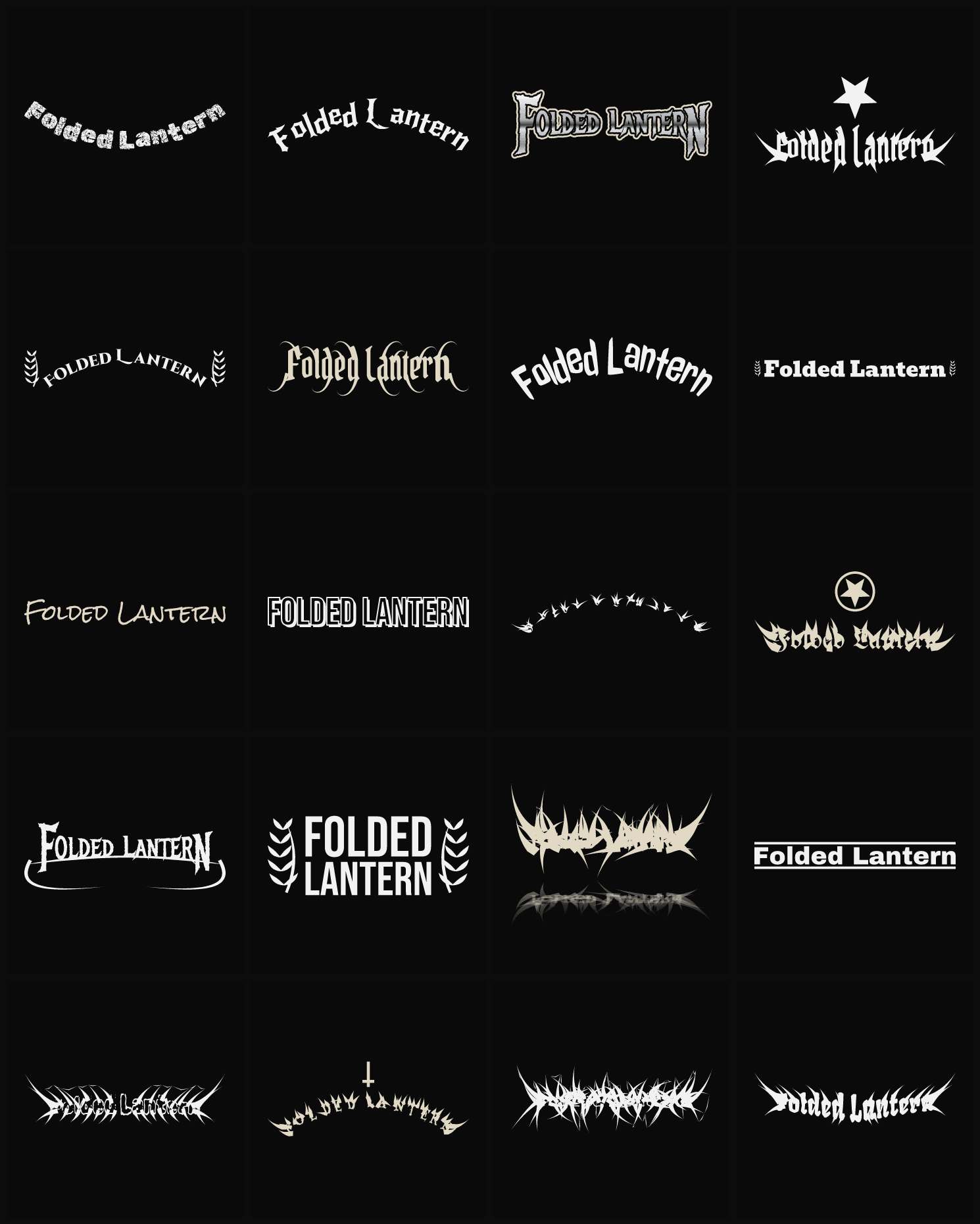 Twenty Folded Lantern band logo ideas — different faces, treatments and spike settings