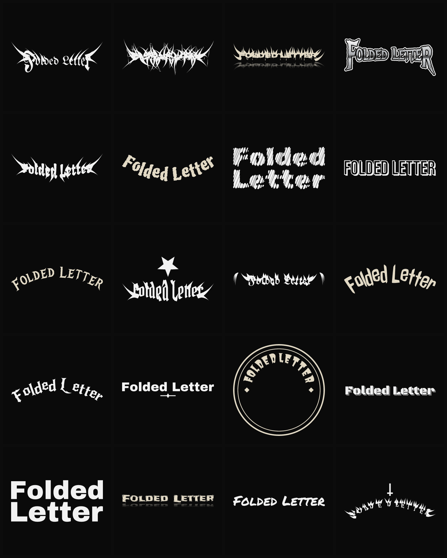 Twenty Folded Letter band logo ideas — different faces, treatments and spike settings