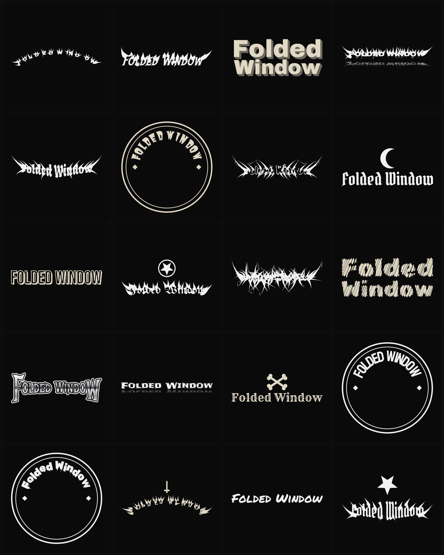 Twenty Folded Window band logo ideas — different faces, treatments and spike settings