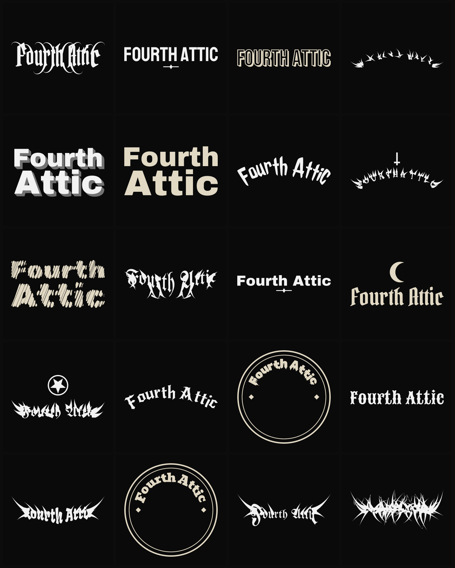 Twenty Fourth Attic band logo ideas — different faces, treatments and spike settings