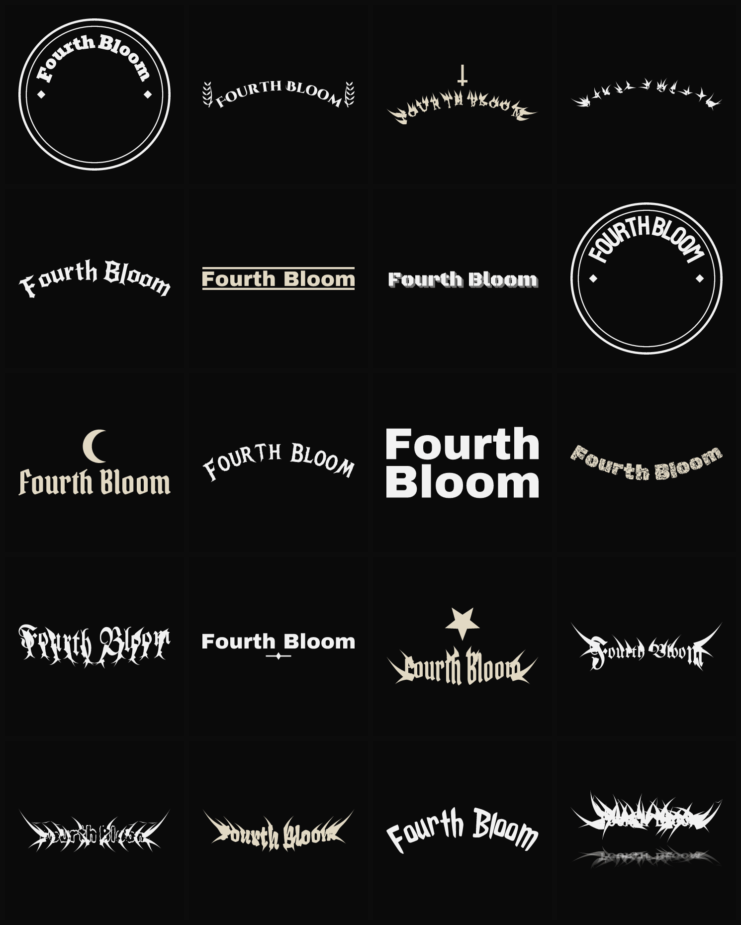 Twenty Fourth Bloom band logo ideas — different faces, treatments and spike settings