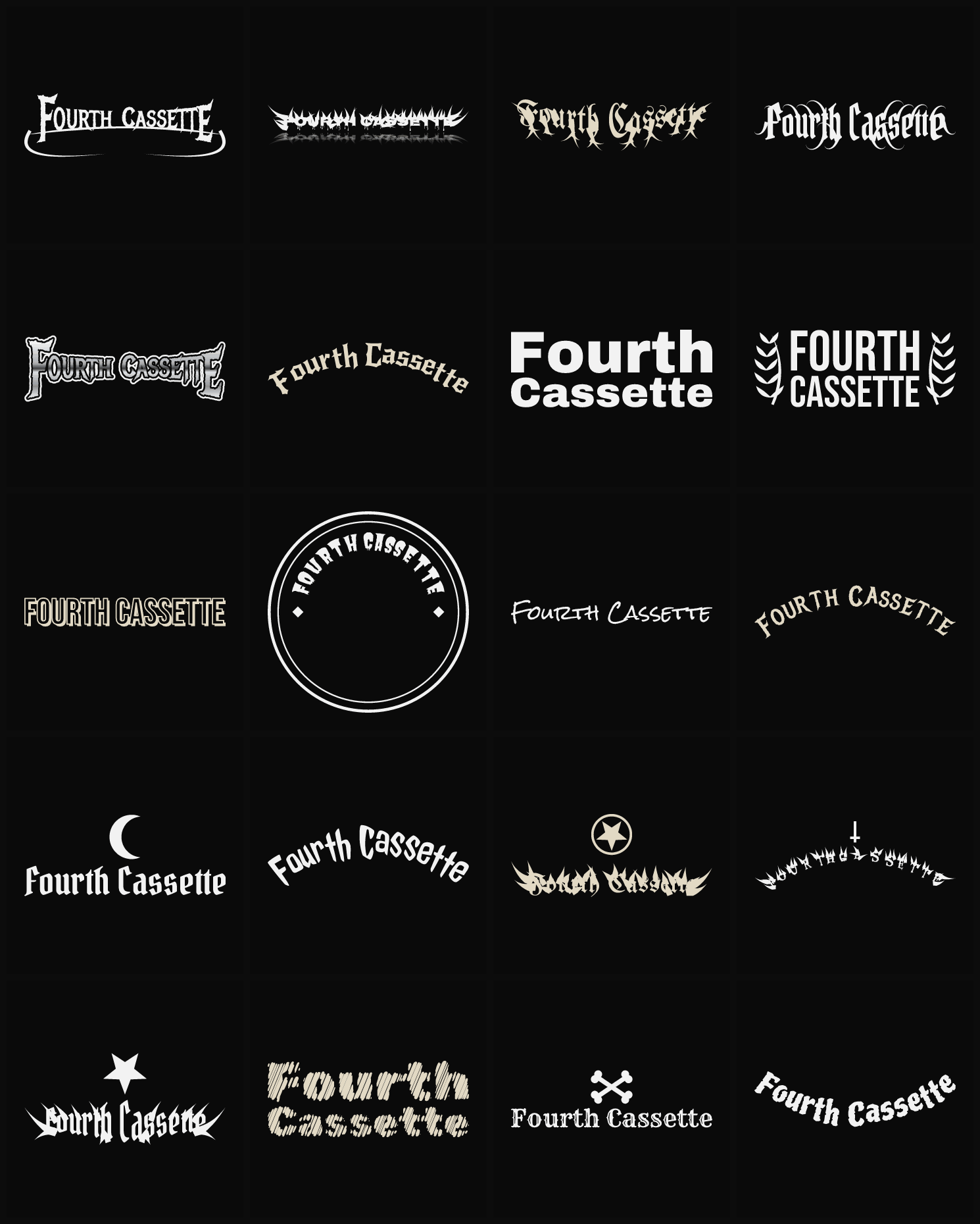 Twenty Fourth Cassette band logo ideas — different faces, treatments and spike settings