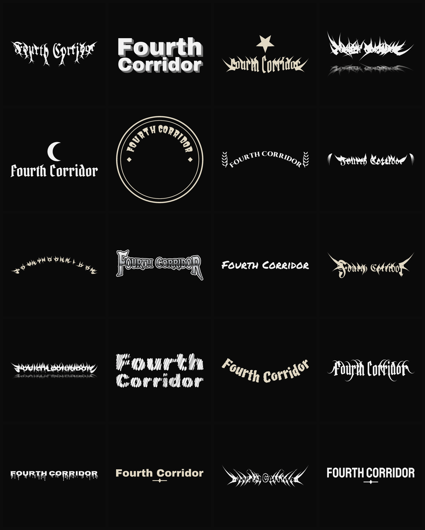 Twenty Fourth Corridor band logo ideas — different faces, treatments and spike settings