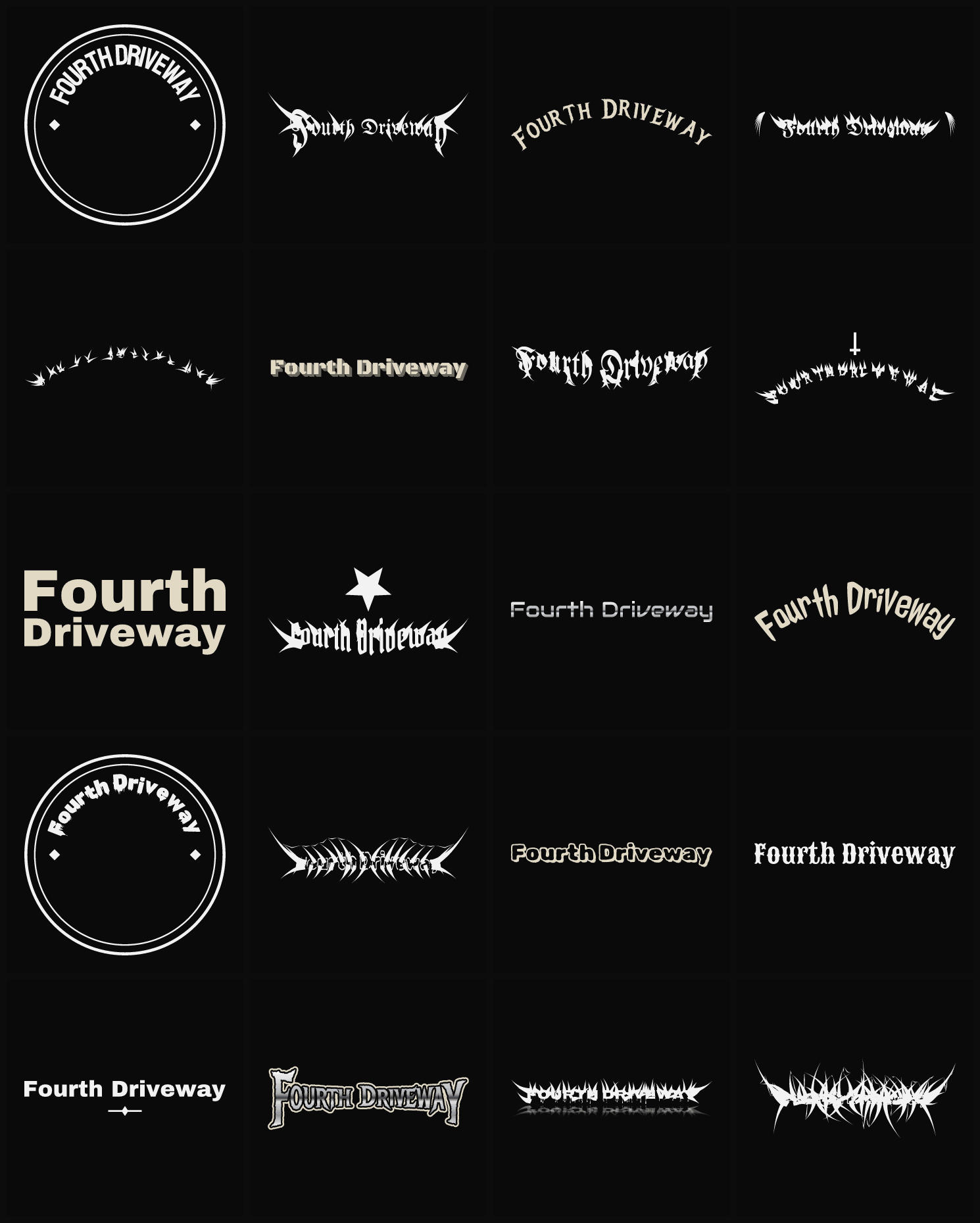Twenty Fourth Driveway band logo ideas — different faces, treatments and spike settings