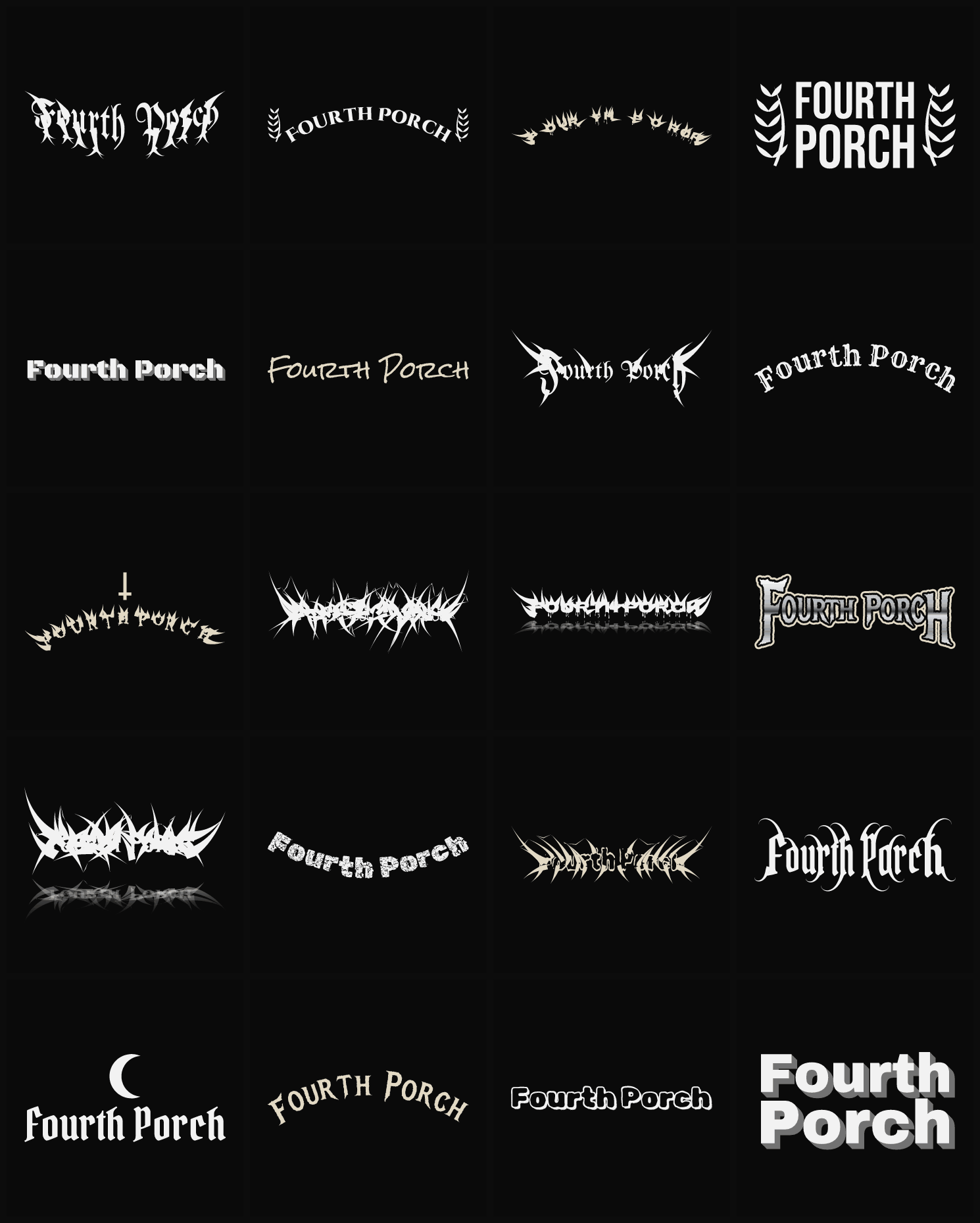 Twenty Fourth Porch band logo ideas — different faces, treatments and spike settings