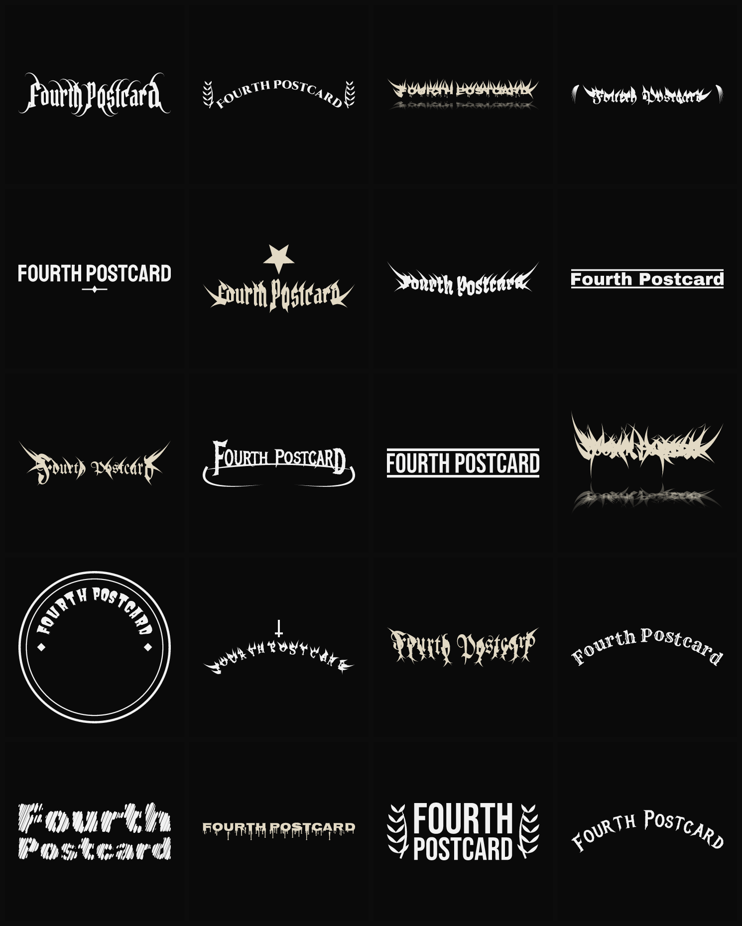 Twenty Fourth Postcard band logo ideas — different faces, treatments and spike settings