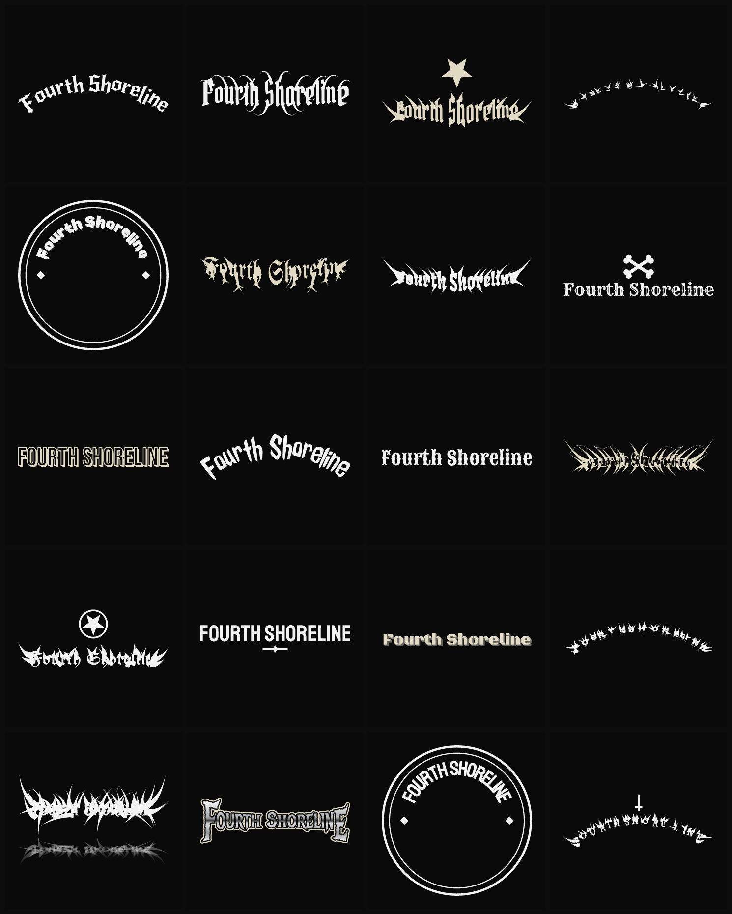 Twenty Fourth Shoreline band logo ideas — different faces, treatments and spike settings