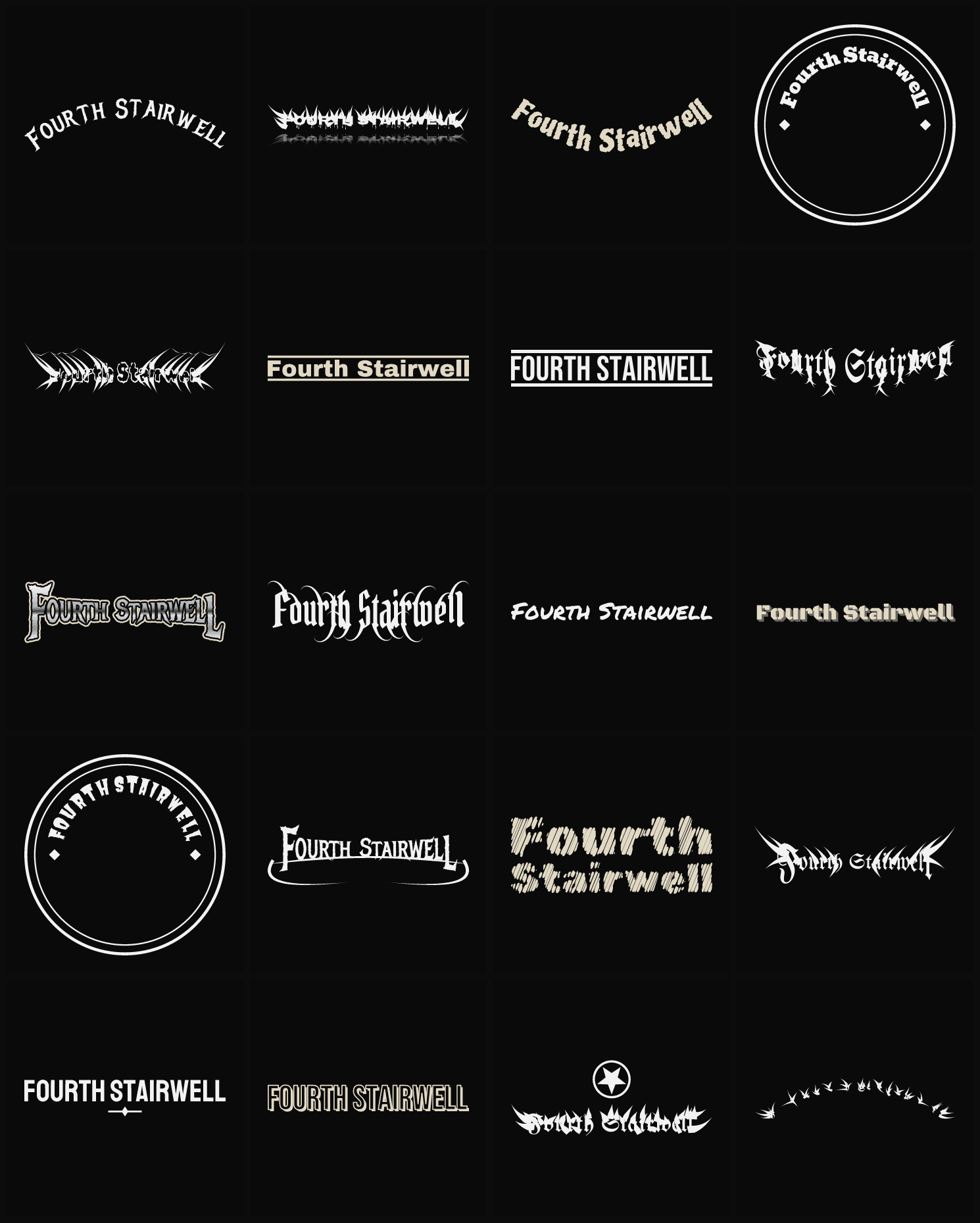 Twenty Fourth Stairwell band logo ideas — different faces, treatments and spike settings