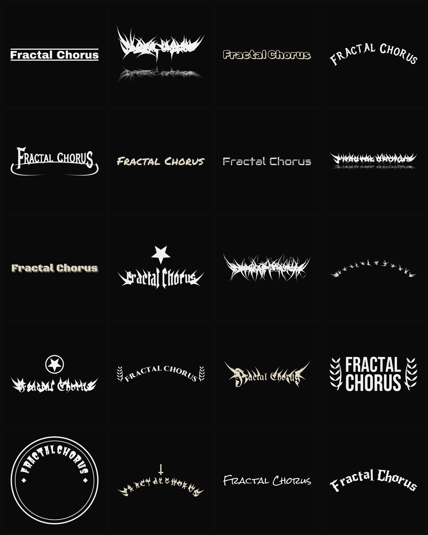Twenty Fractal Chorus band logo ideas — different faces, treatments and spike settings