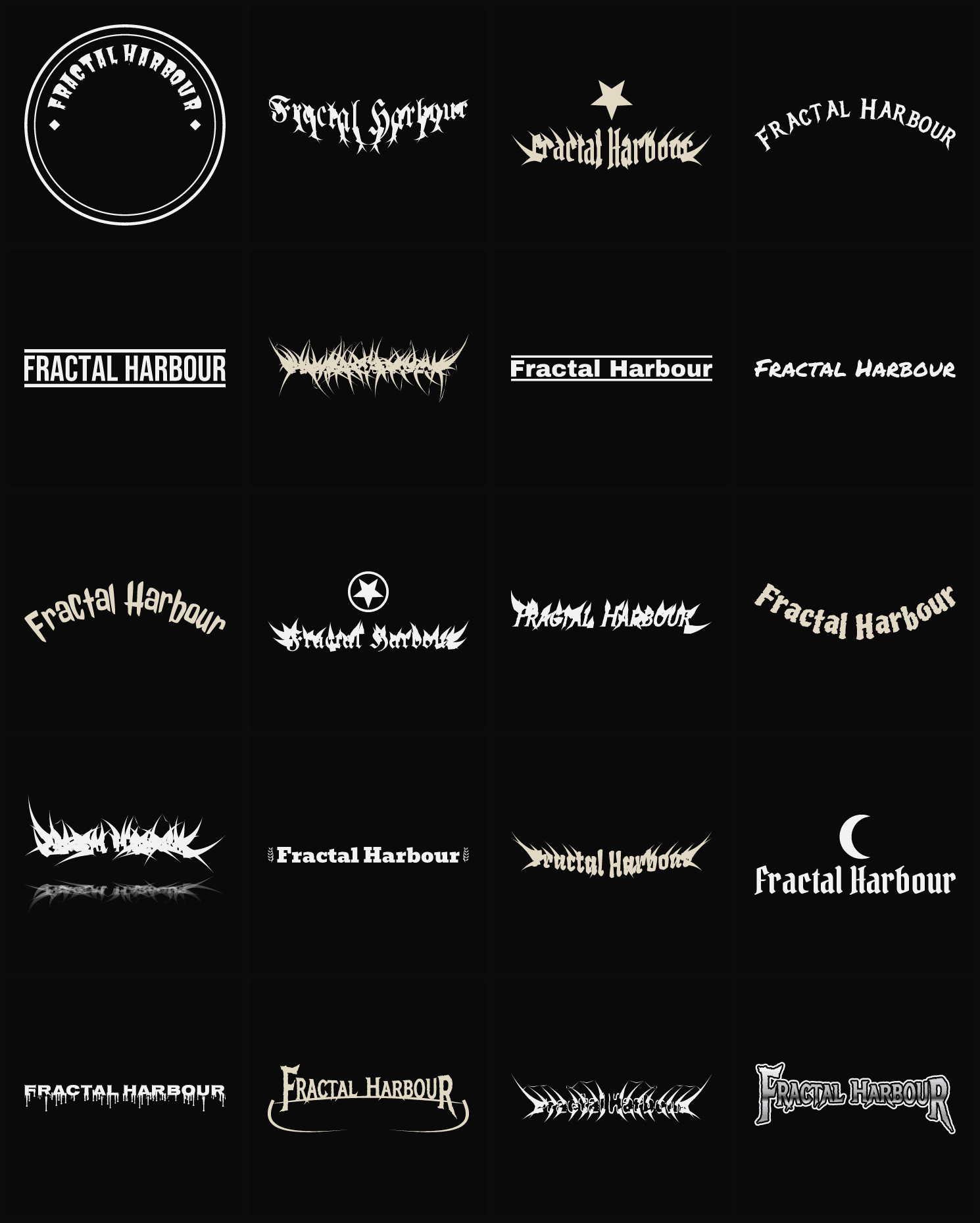 Twenty Fractal Harbour band logo ideas — different faces, treatments and spike settings