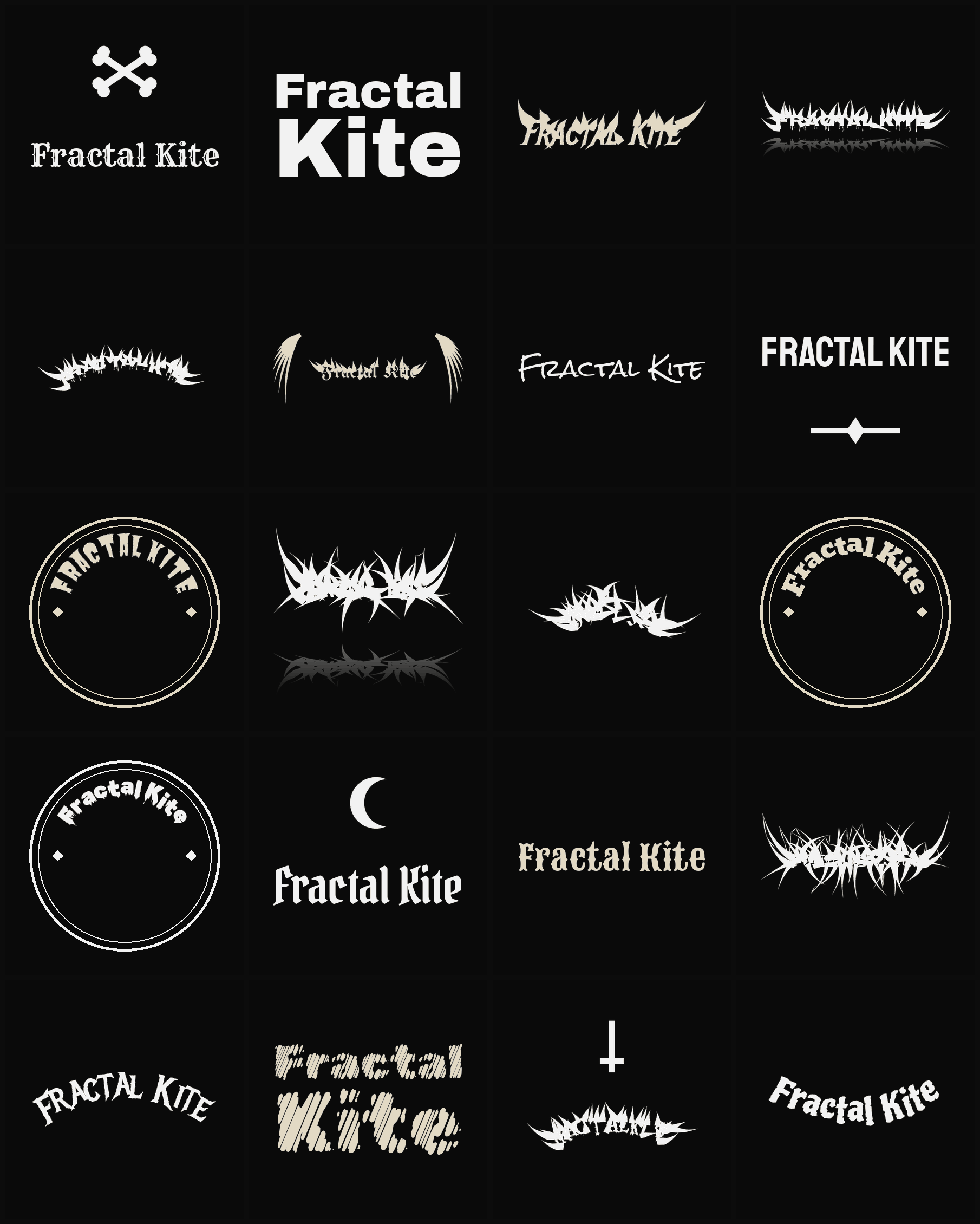 Twenty Fractal Kite band logo ideas — different faces, treatments and spike settings