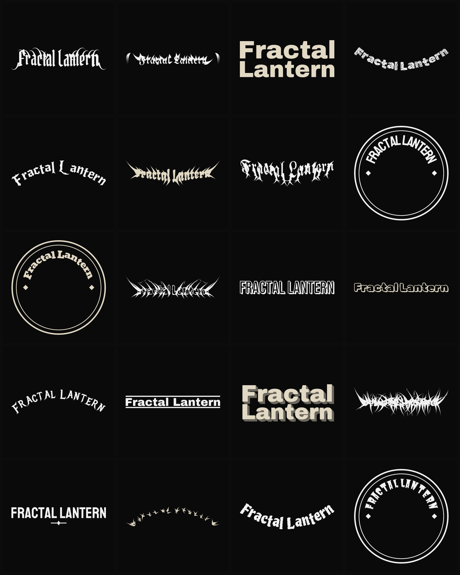 Twenty Fractal Lantern band logo ideas — different faces, treatments and spike settings