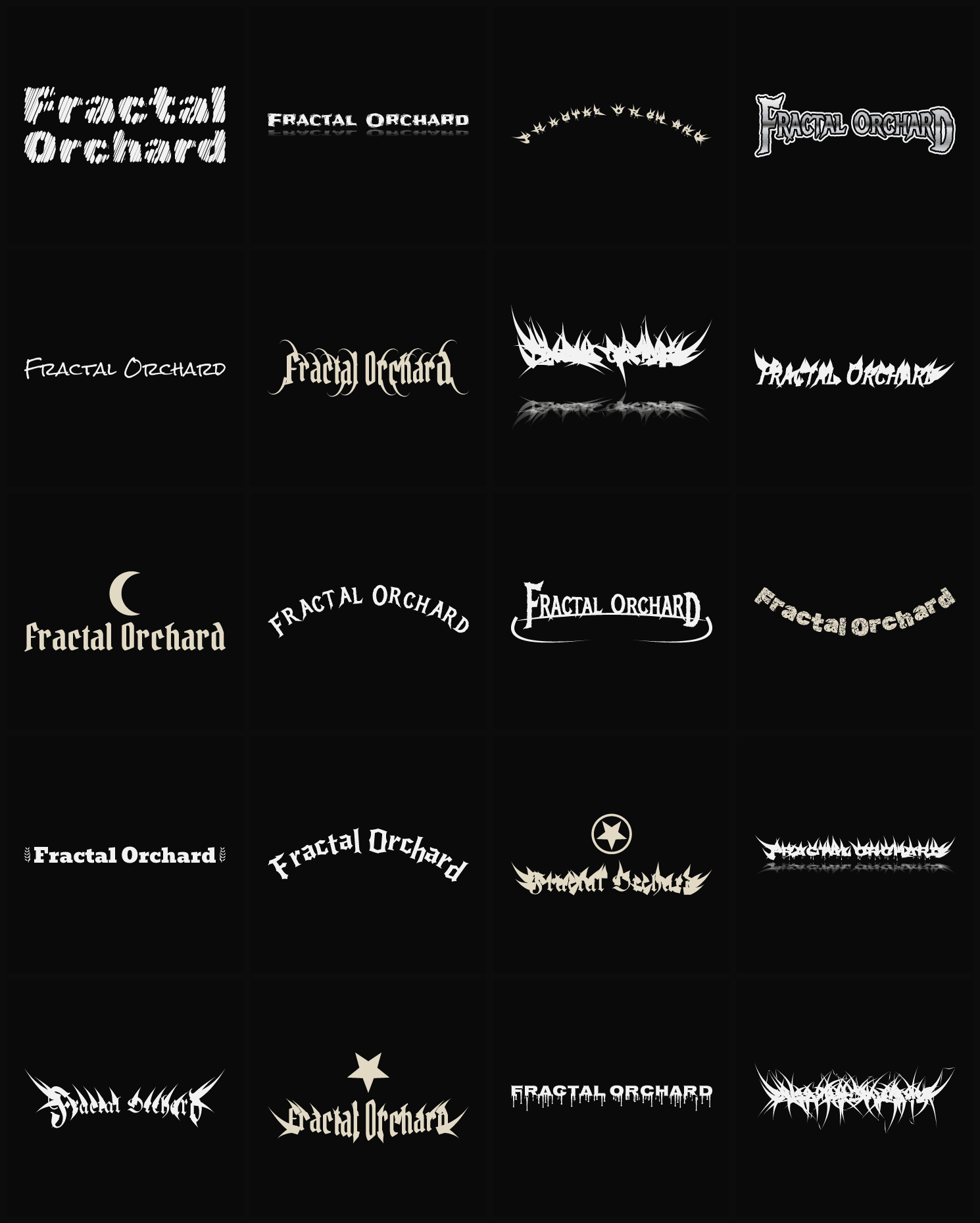 Twenty Fractal Orchard band logo ideas — different faces, treatments and spike settings