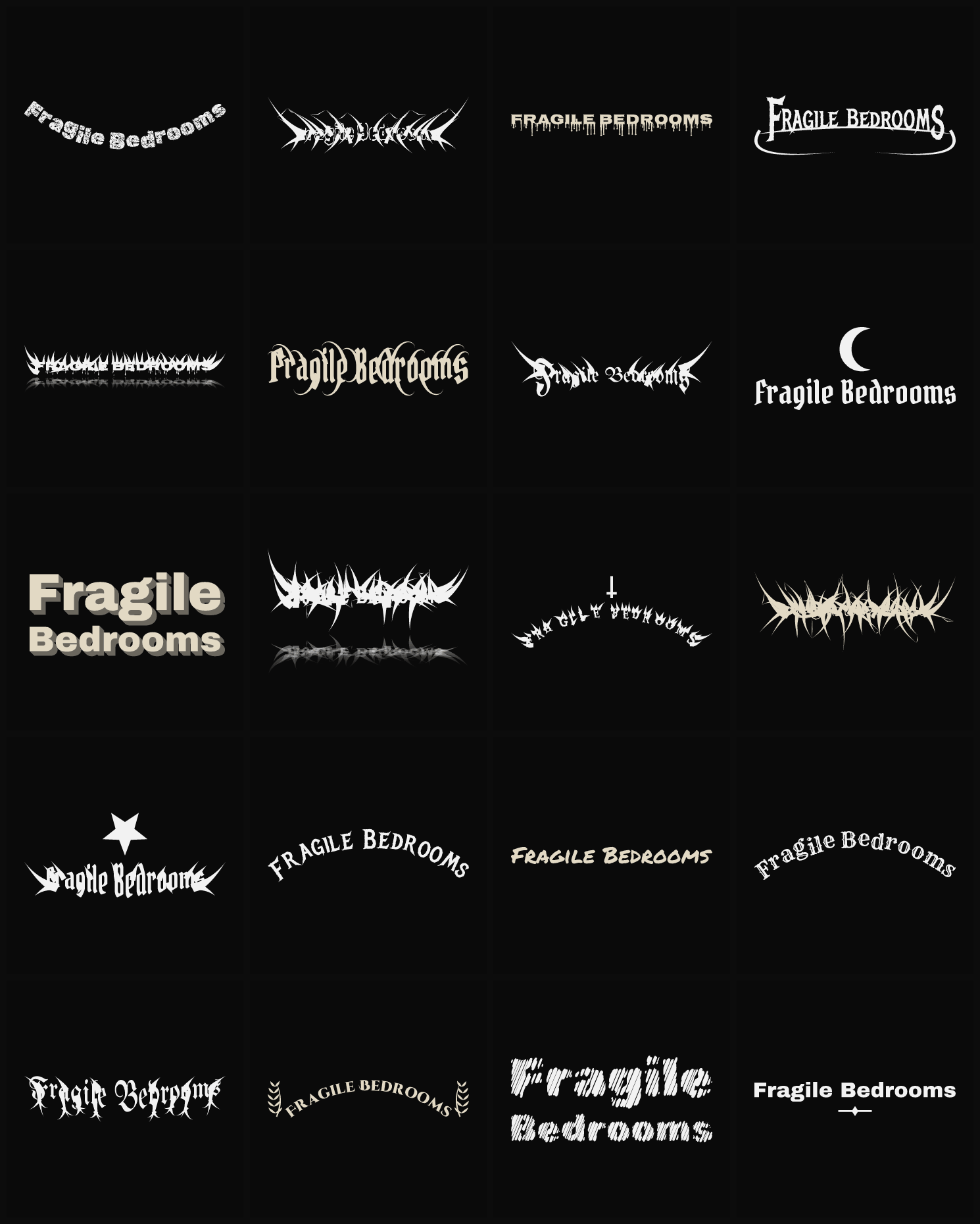Twenty Fragile Bedrooms band logo ideas — different faces, treatments and spike settings