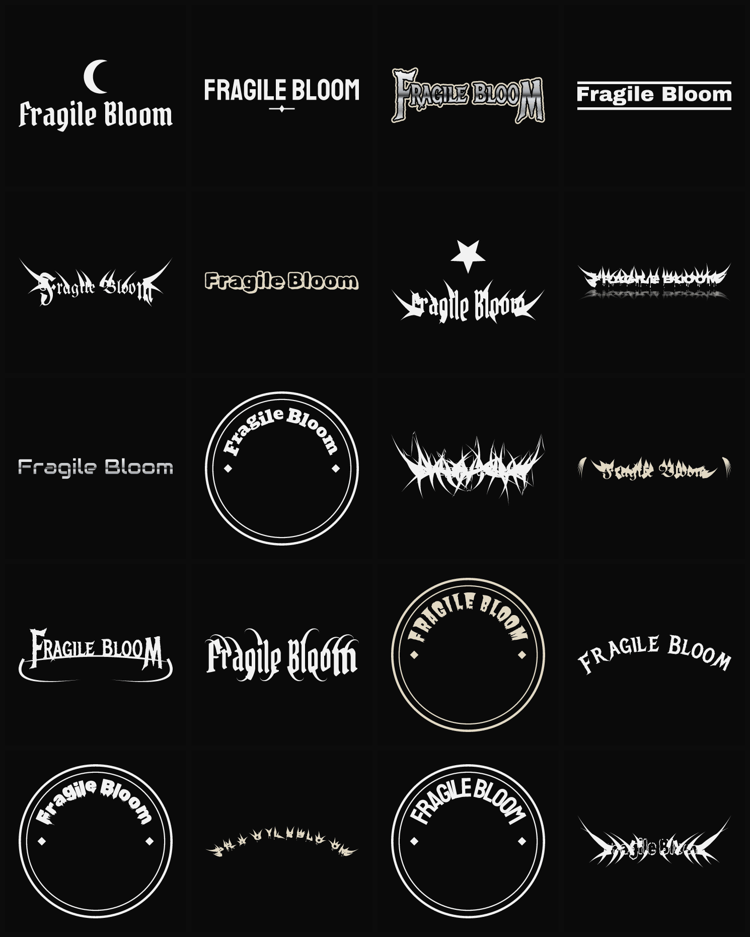 Twenty Fragile Bloom band logo ideas — different faces, treatments and spike settings