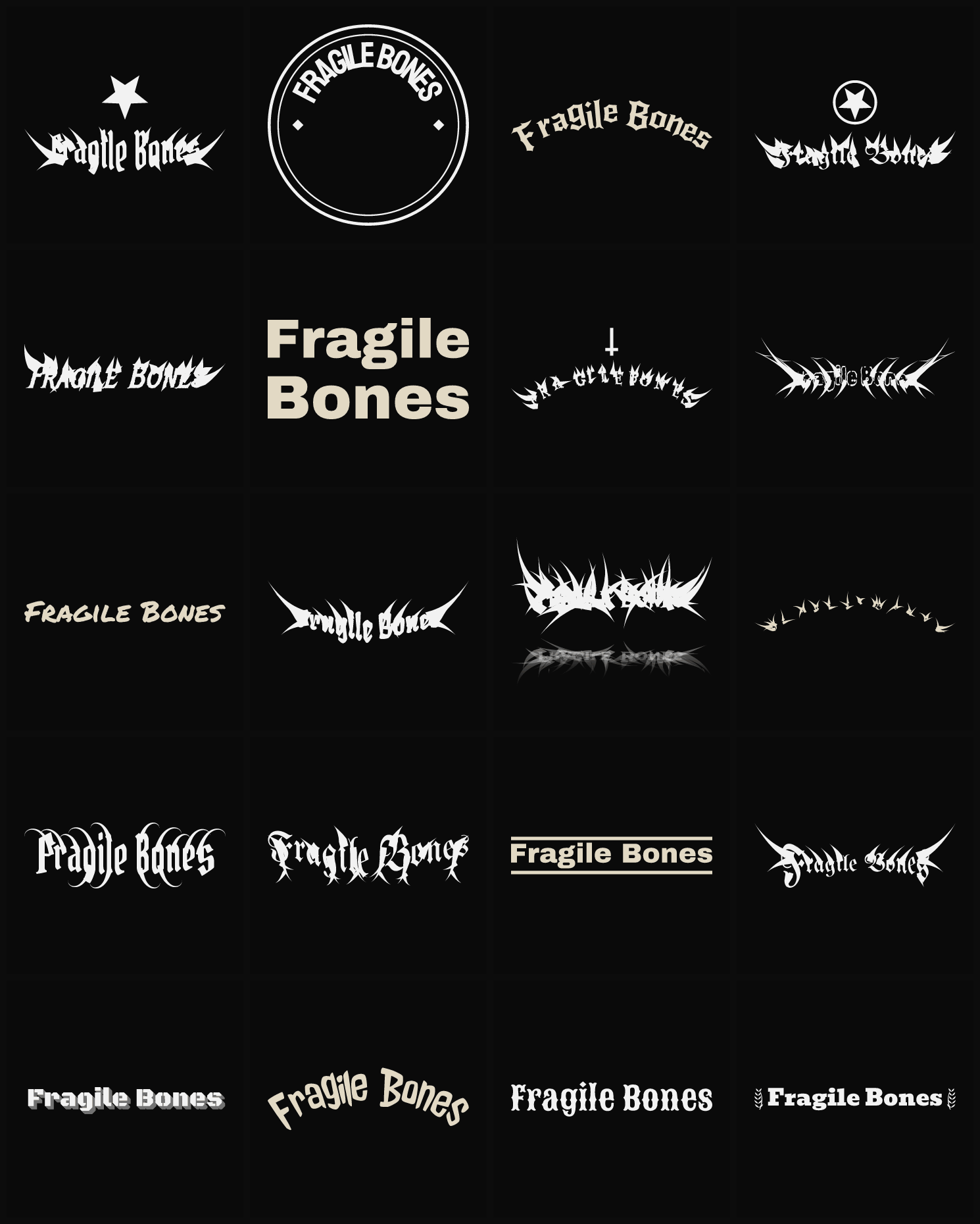 Twenty Fragile Bones band logo ideas — different faces, treatments and spike settings