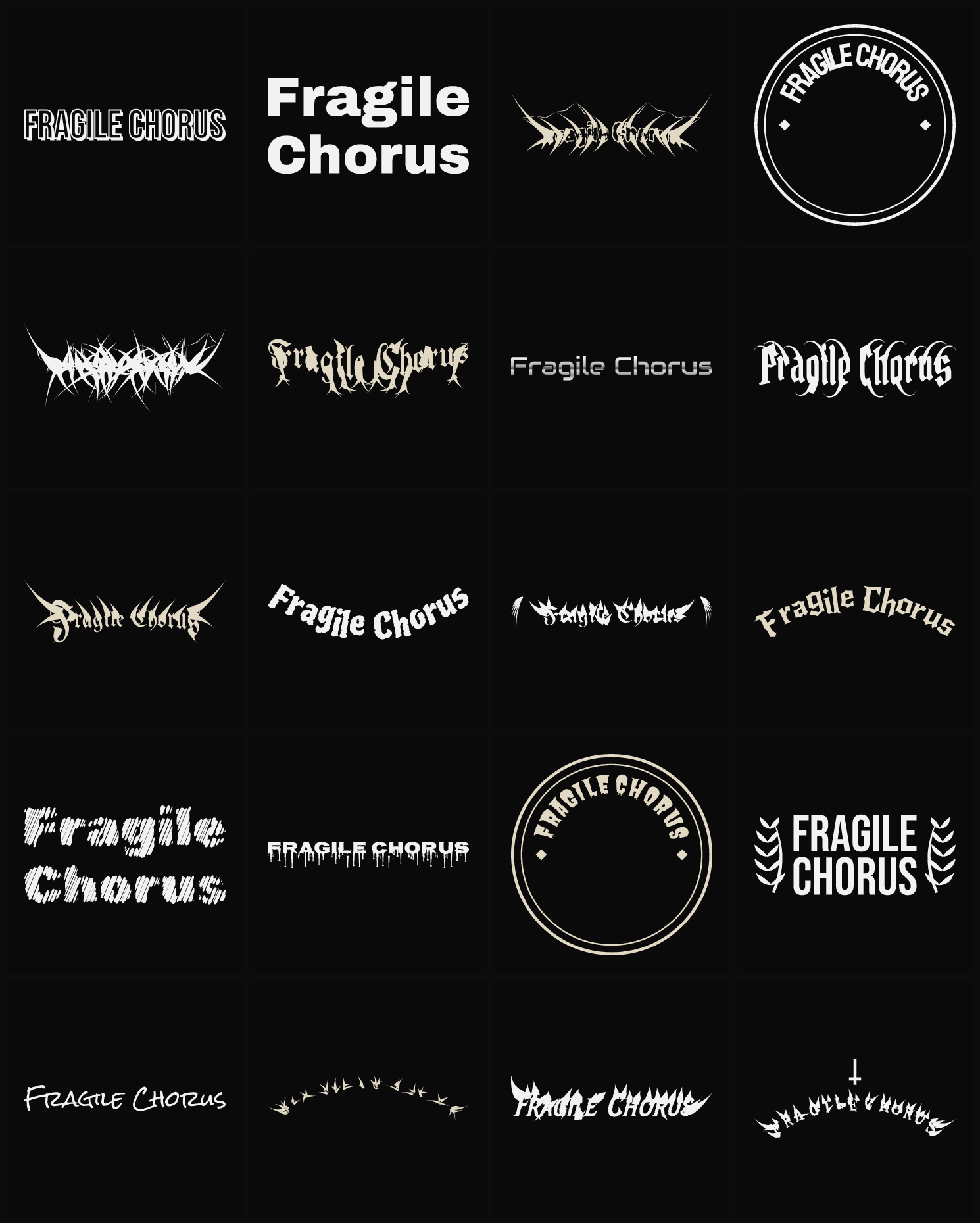 Twenty Fragile Chorus band logo ideas — different faces, treatments and spike settings