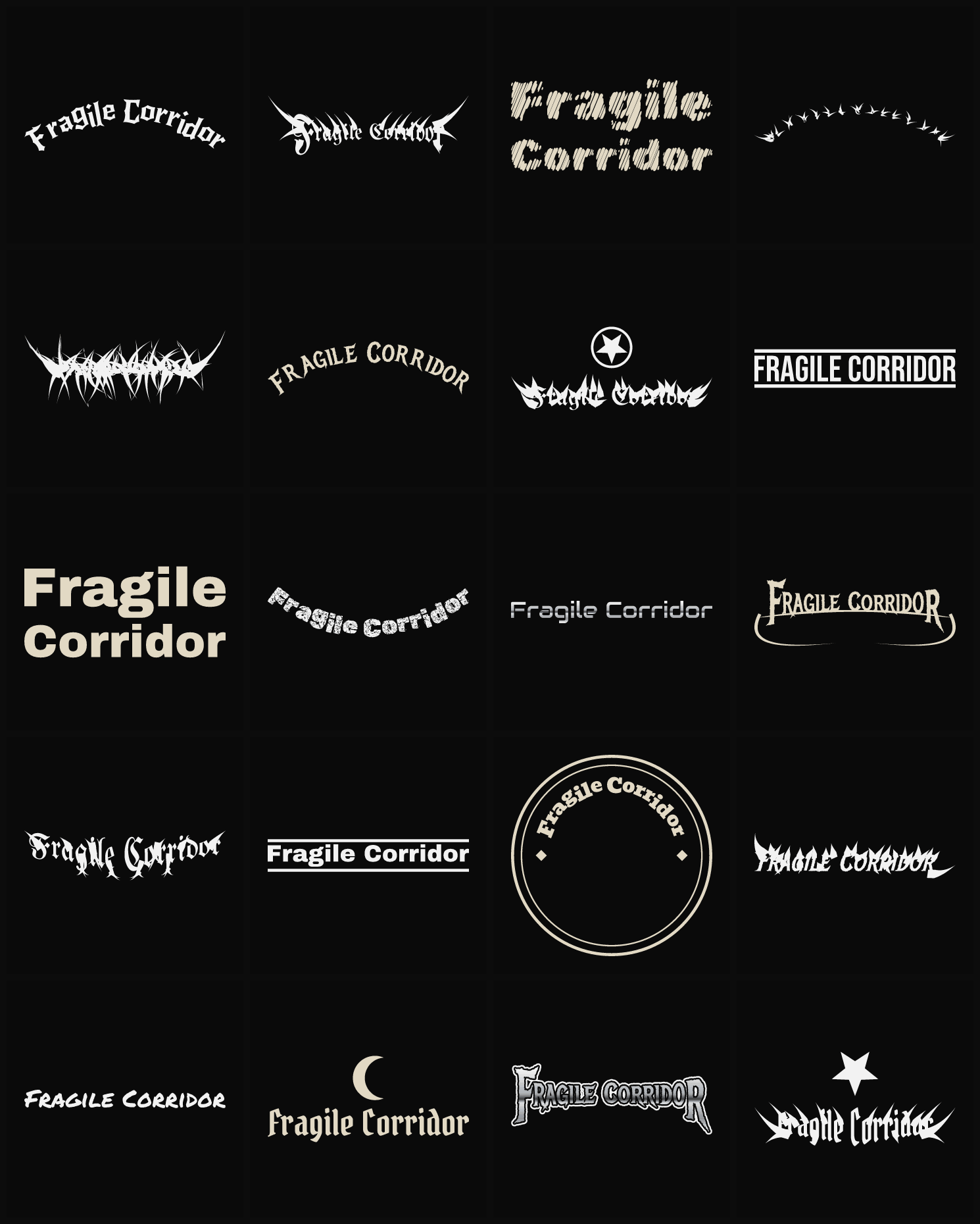Twenty Fragile Corridor band logo ideas — different faces, treatments and spike settings