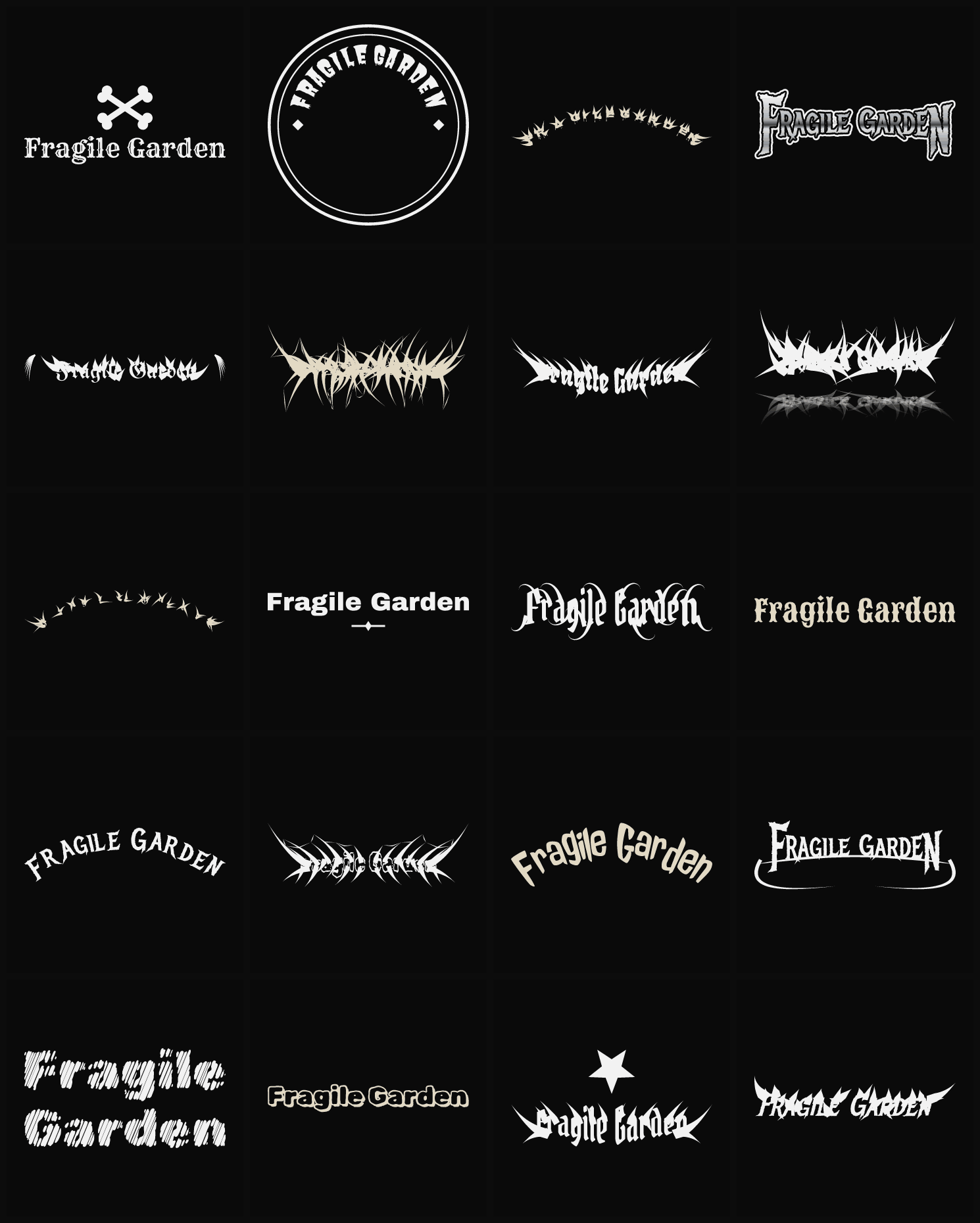 Twenty Fragile Garden band logo ideas — different faces, treatments and spike settings