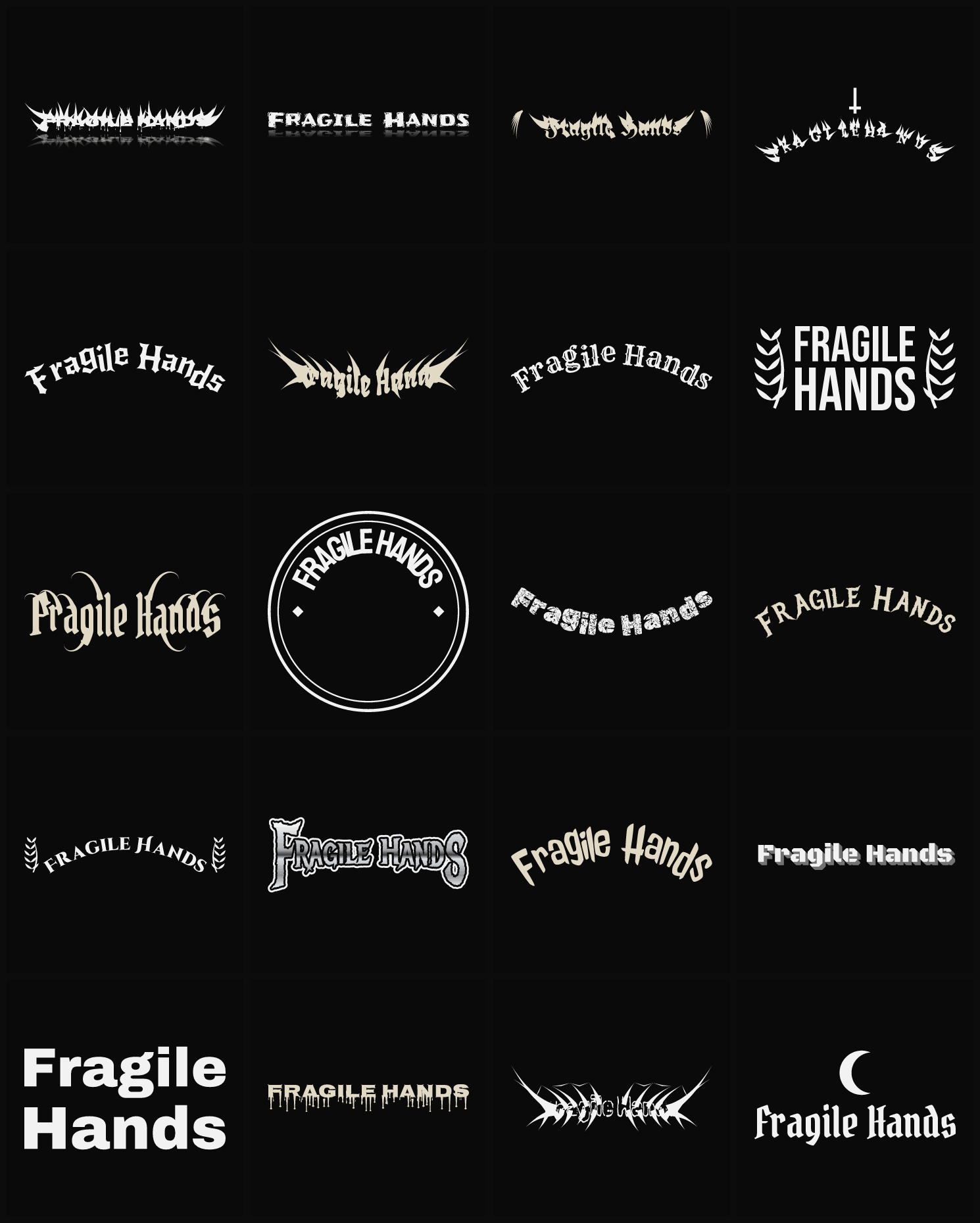 Twenty Fragile Hands band logo ideas — different faces, treatments and spike settings
