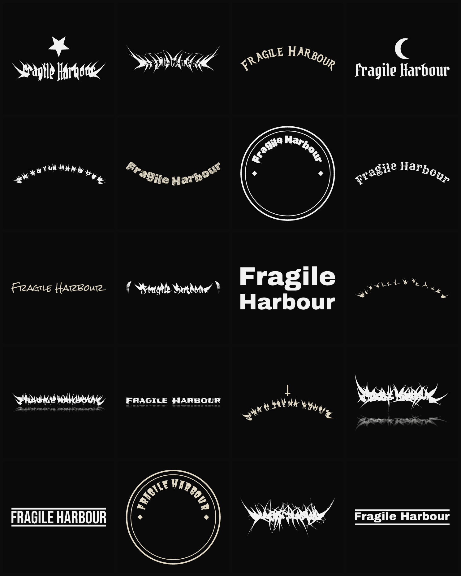 Twenty Fragile Harbour band logo ideas — different faces, treatments and spike settings