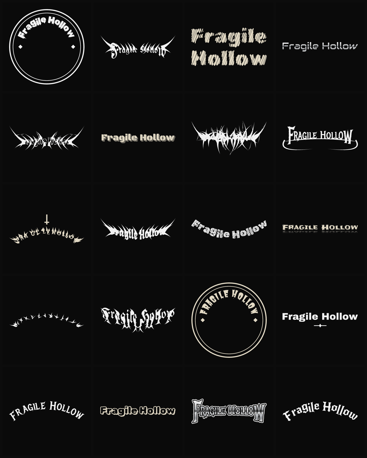 Twenty Fragile Hollow band logo ideas — different faces, treatments and spike settings