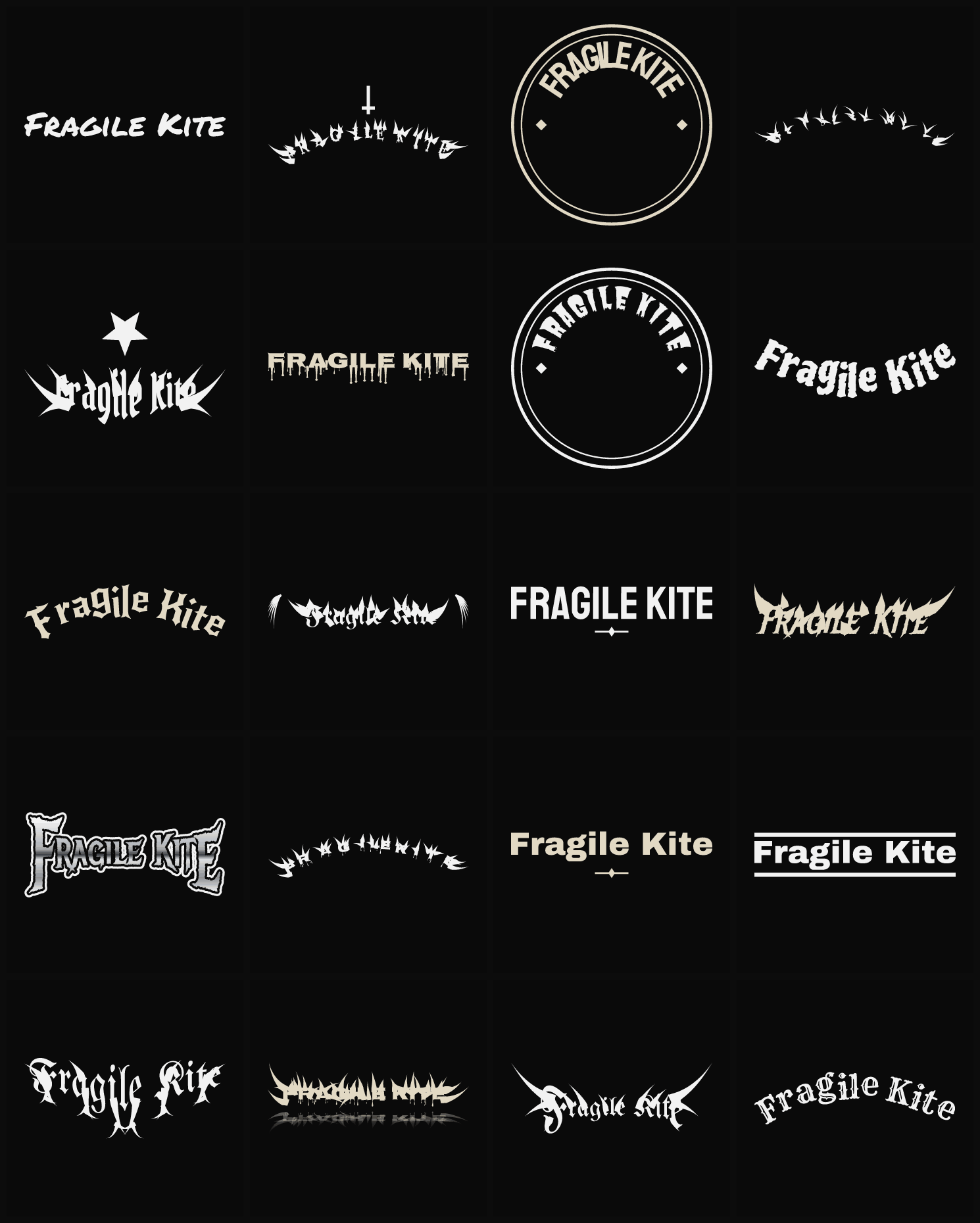 Twenty Fragile Kite band logo ideas — different faces, treatments and spike settings
